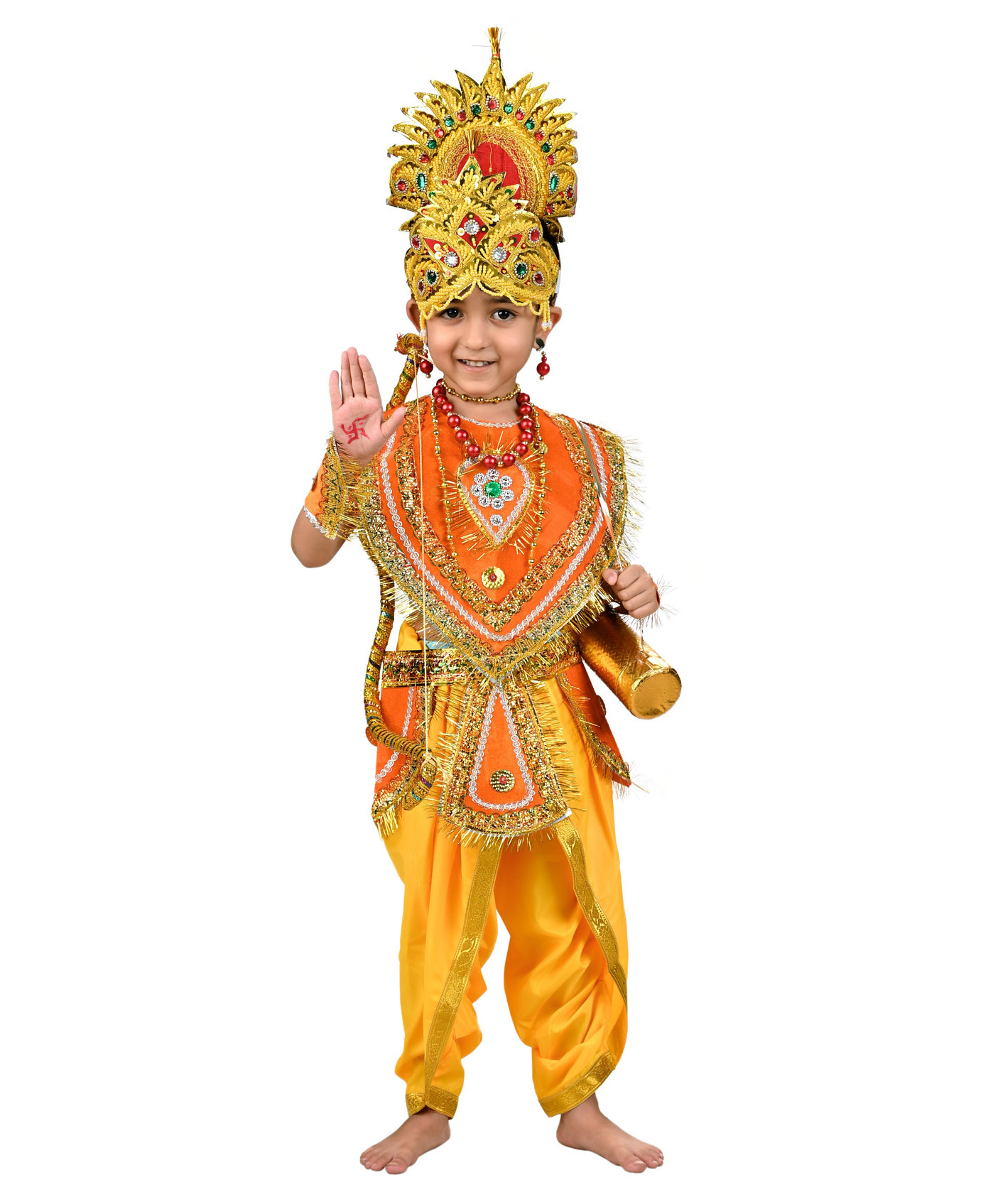 BookMyCostume Dussehra Theme Sleeveless Lord Ram Costume Set With Kavach Kantha Golden Necklace Kundal Bow 3 Arrows & Tarkash - Orange & Yellow-image-24