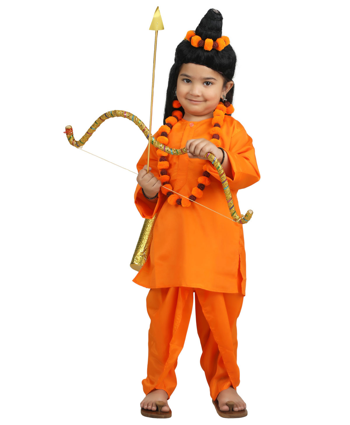 BookMyCostume Dussehra Theme Full Sleeves Vanwasi Laxman Costume Set With Flower Jewelry Bow 3 Arrows & Tarkash - Orange-image-34