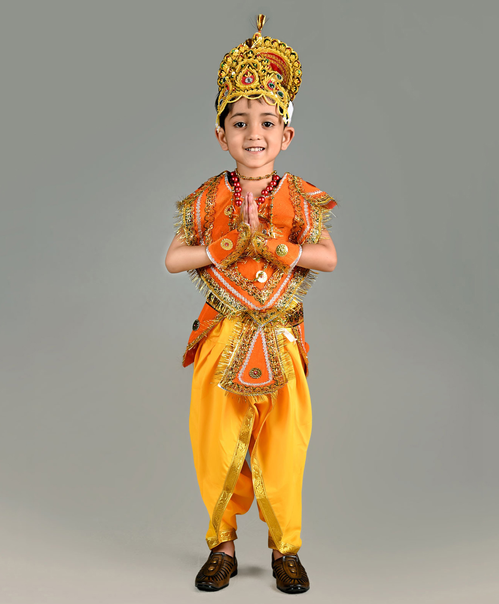 BookMyCostume Dussehra Theme Sleeveless King Dashrath Costume Set With Kavach Kantha & Kundal - Orange & Yellow
