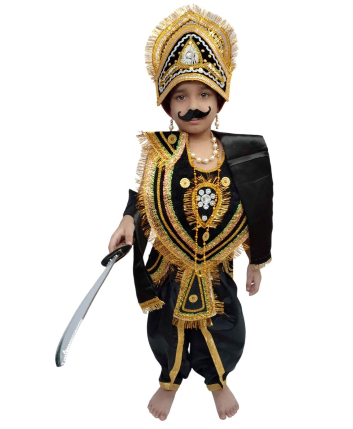 BookMyCostume Dussehra Theme Sleeveless Ravana Lankesh Kansa Costume Set With Kavach Kantha Kundal Haar & 1 Play Sword - Black & Golden-image-23