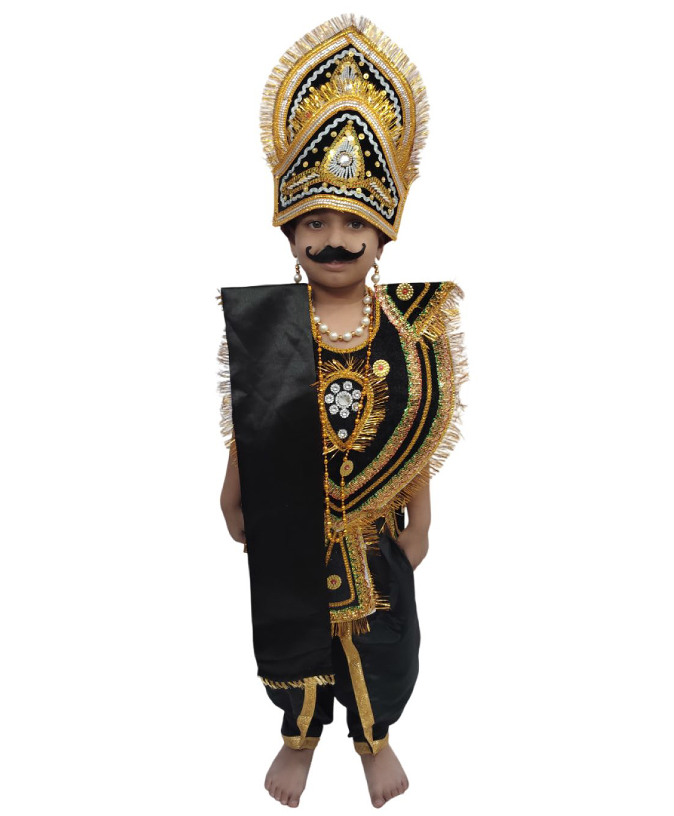 BookMyCostume Dussehra Theme Ravana Lankesh Costume Set With kavach Stole Kantha & Kundal - Black & Gold-image-19