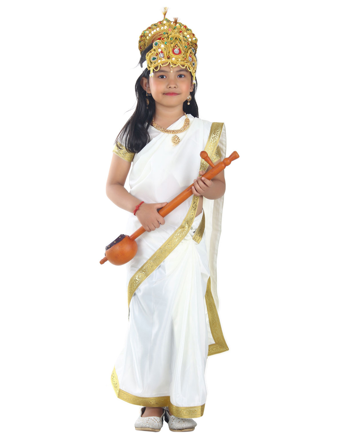 BookMyCostume Half Sleeves Sarasvati Mata Saree Blouse Costume With Sitar Mukut & Jewellery Set - Off White & Golden