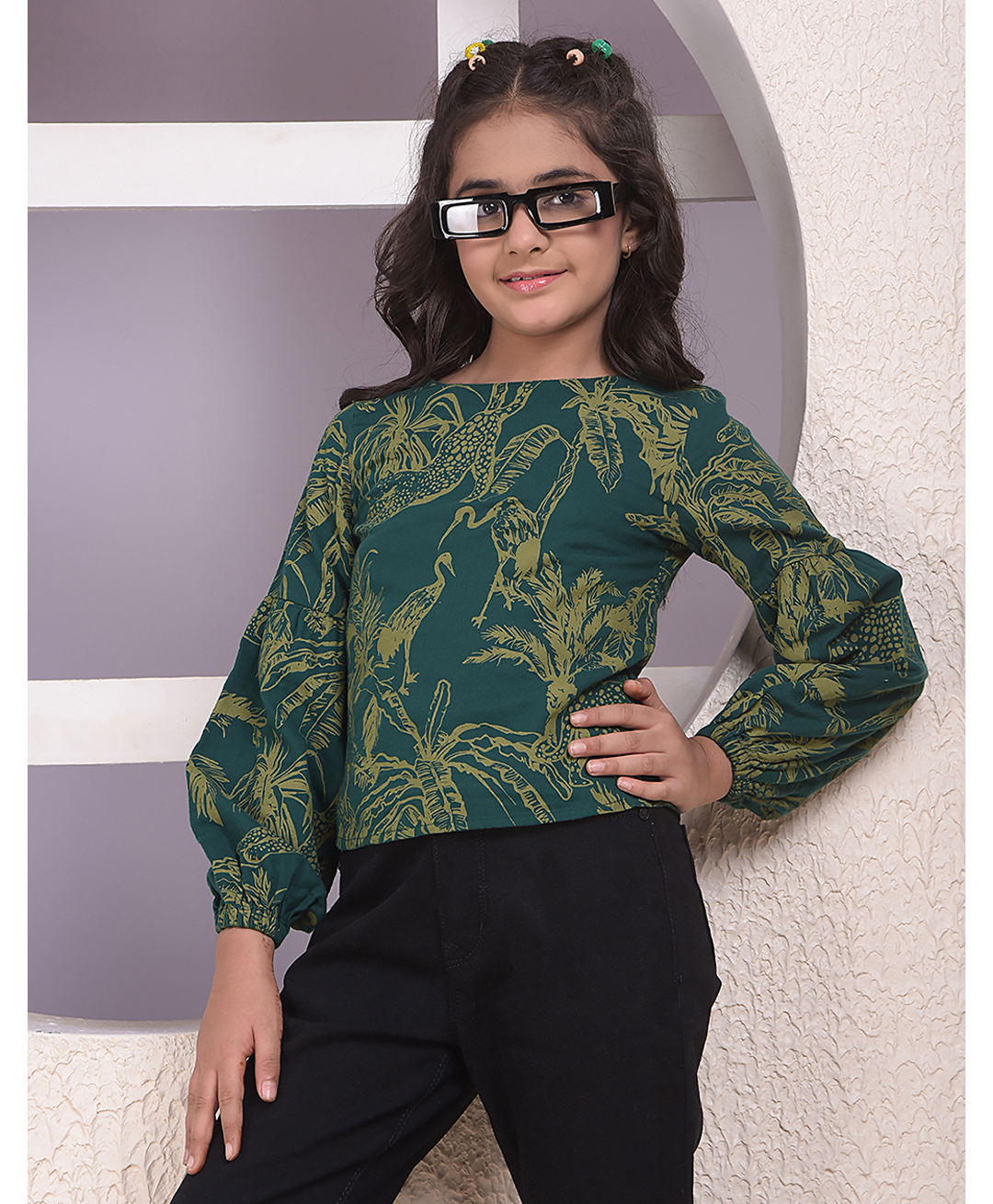CRIMSOUNE CLUB Cotton Woven Full Sleeves Birds & Trees Printed Top - Green-picture-27