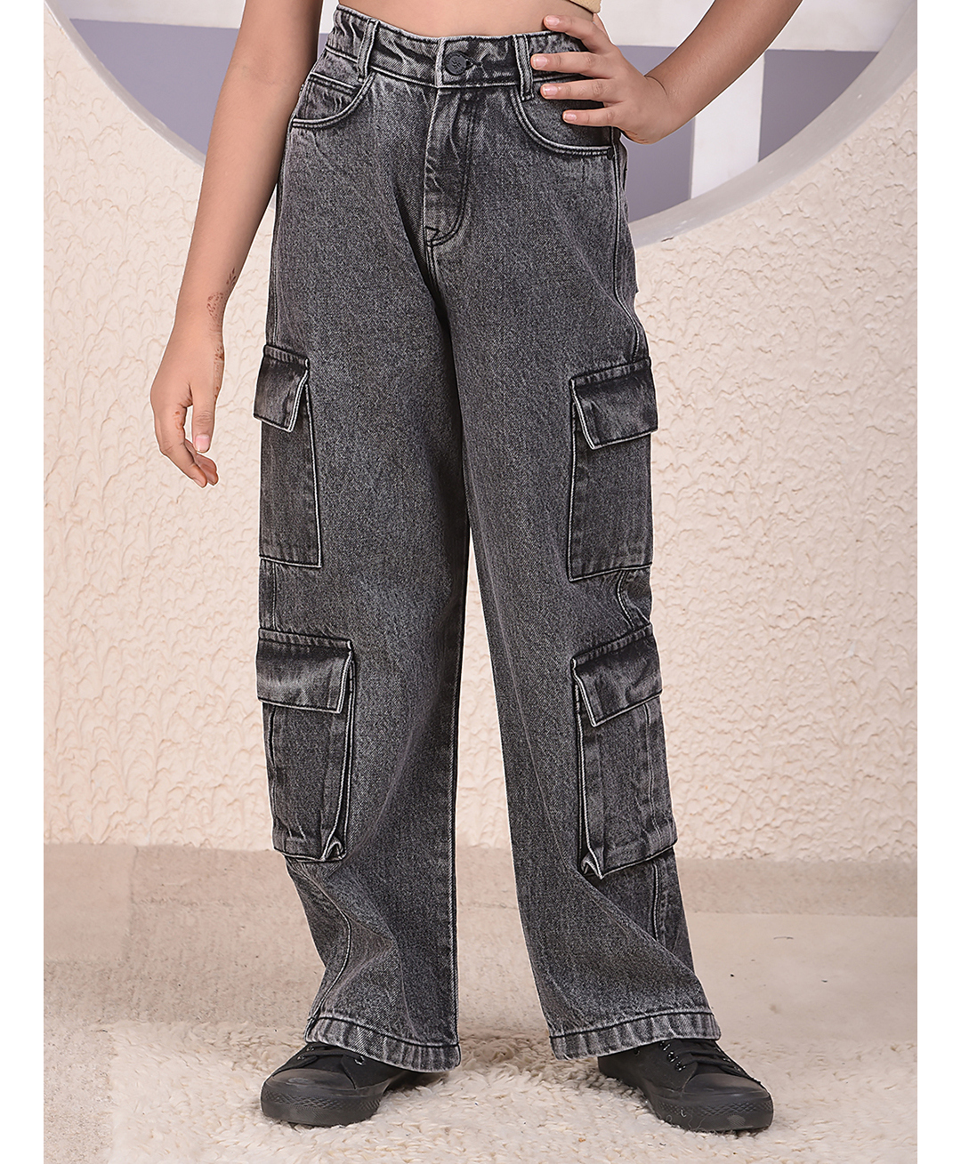 CRIMSOUNE CLUB Cotton Denim Mild Washed Cargo Jeans - Grey-picture-10