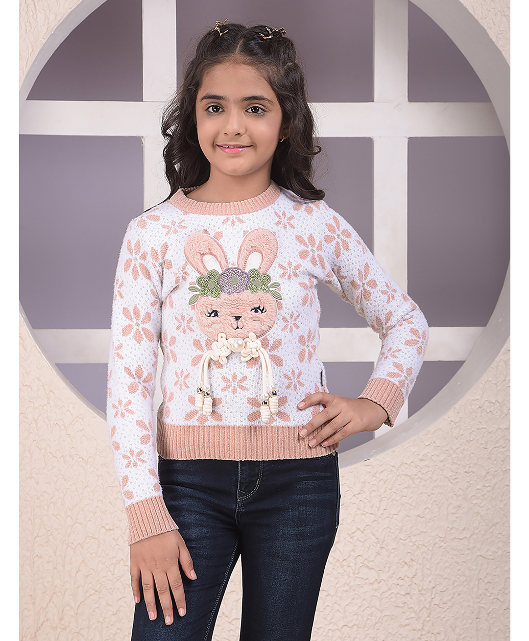 CRIMSOUNE CLUB Knit Full Sleeves Bunny Embroidered & Tassel Embellished Jacquard Light Winter Sweater - Pink-picture-10