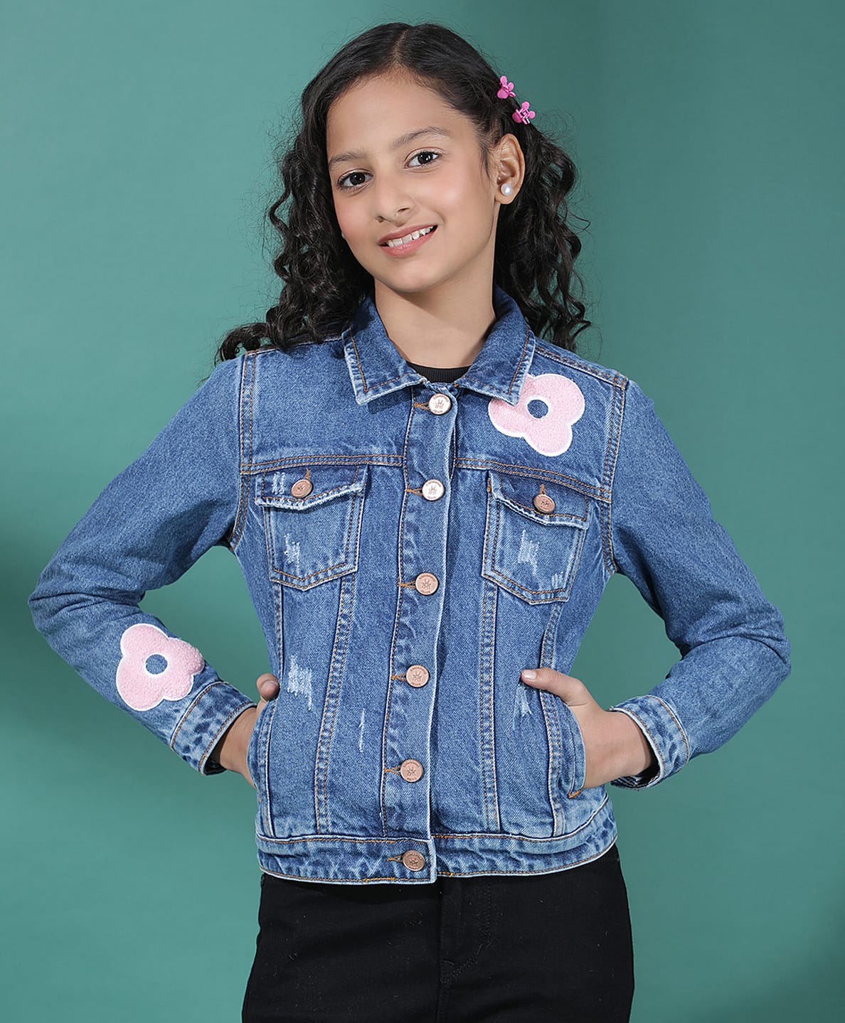 CRIMSOUNE CLUB Cotton Knit Full Sleeves Floral Patch Detailed Denim Jacket - Blue-picture-18