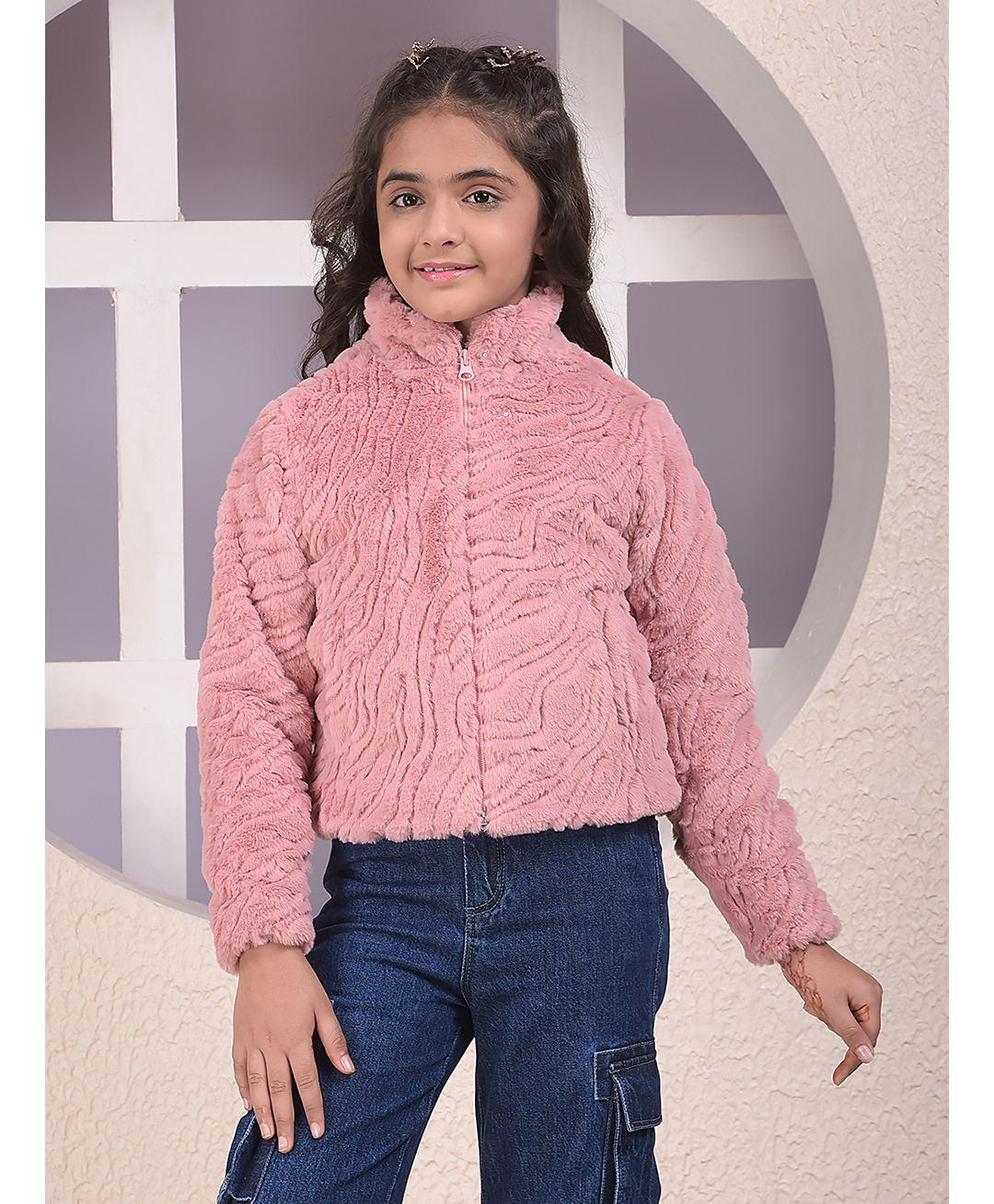 CRIMSOUNE CLUB Knit Full Sleeves Fur Detailed Heavy Winter Turtle Neck Jacket - Pink-picture-22