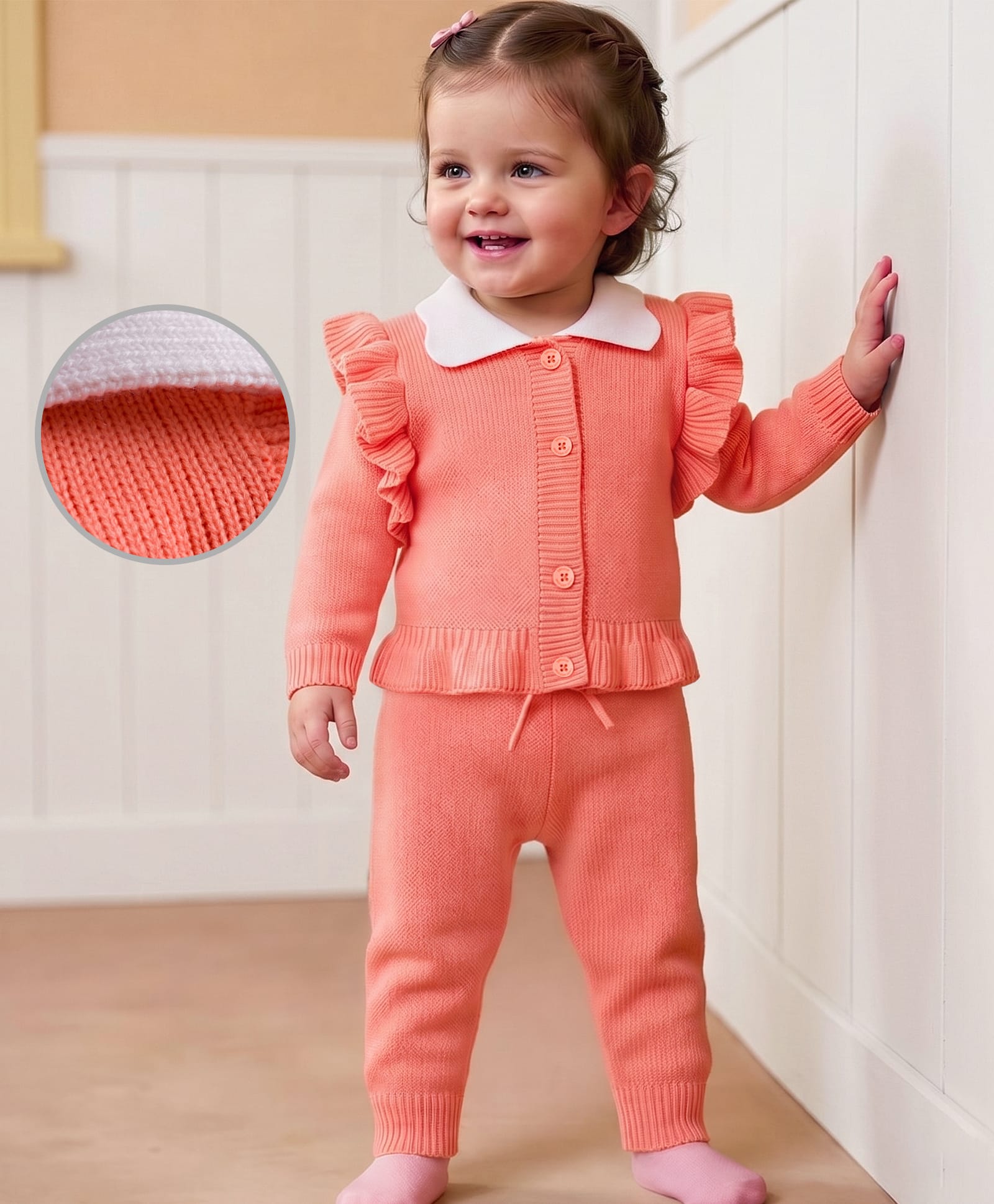 Babyoye Cotton Woven Full Sleeves Solid Dyed Sweater Set - Coral-picture-35