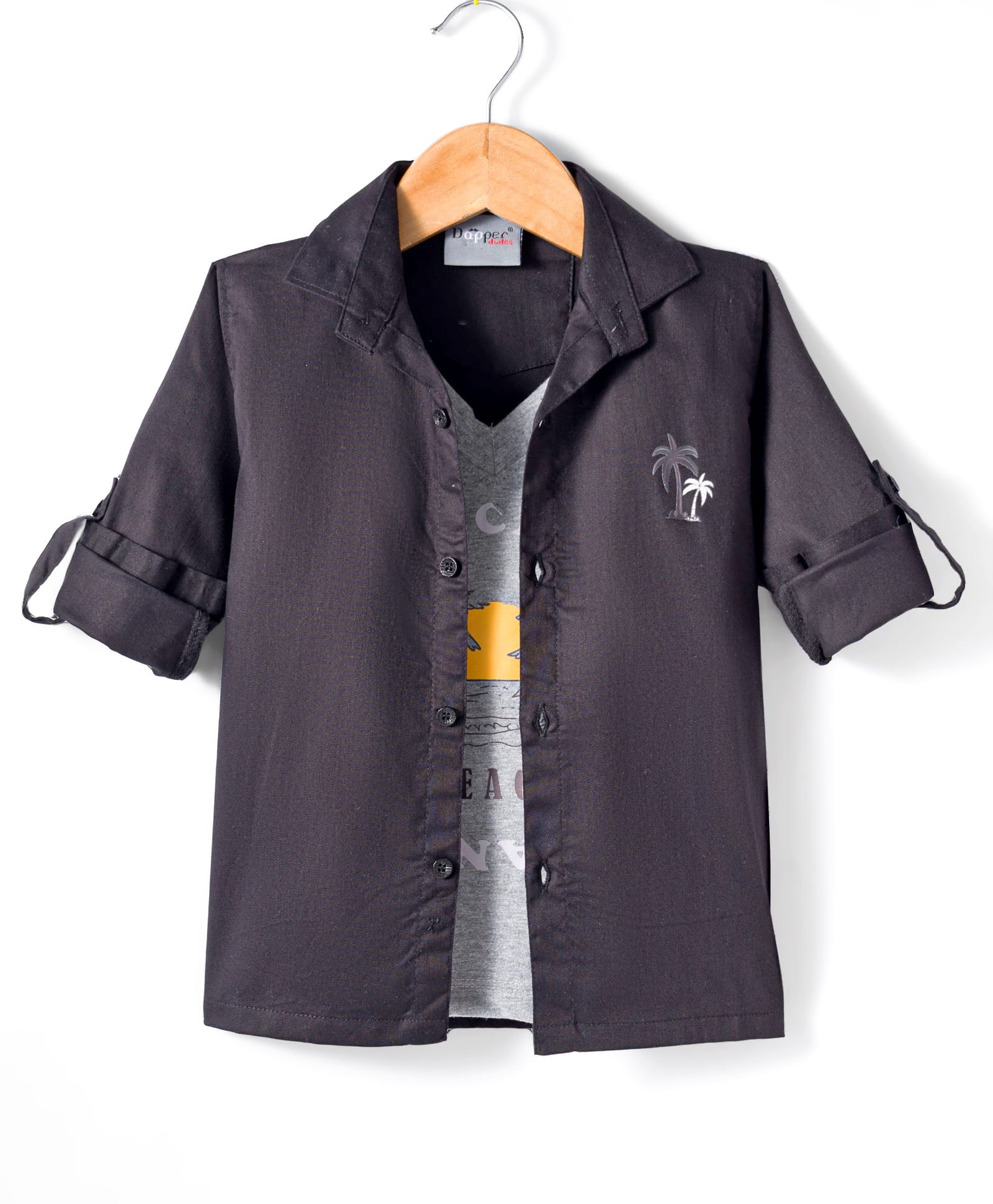 Dapper Dudes Full Sleeves Palm Tree Printed Shirt With Attached Tee - Black-picture-21