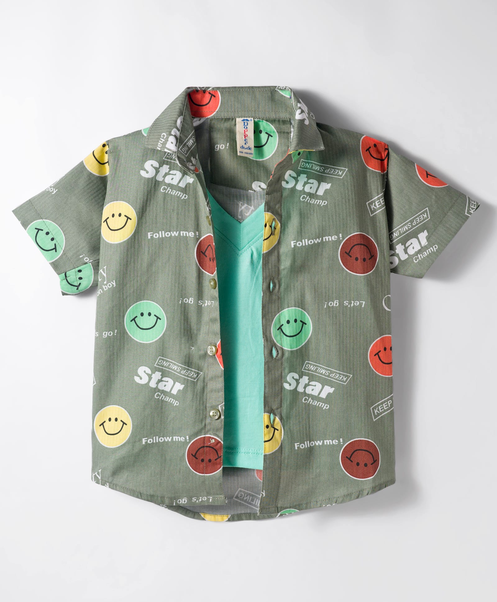 Dapper Dudes Half Sleeves Smiley Printed Shirt With Attached Tee - Olive-picture-26