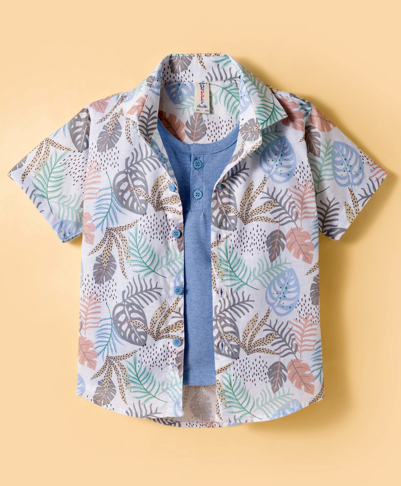 Dapper Dudes Half Sleeves Leaves Printed Shirt With Attached Tee - Blue-picture-20