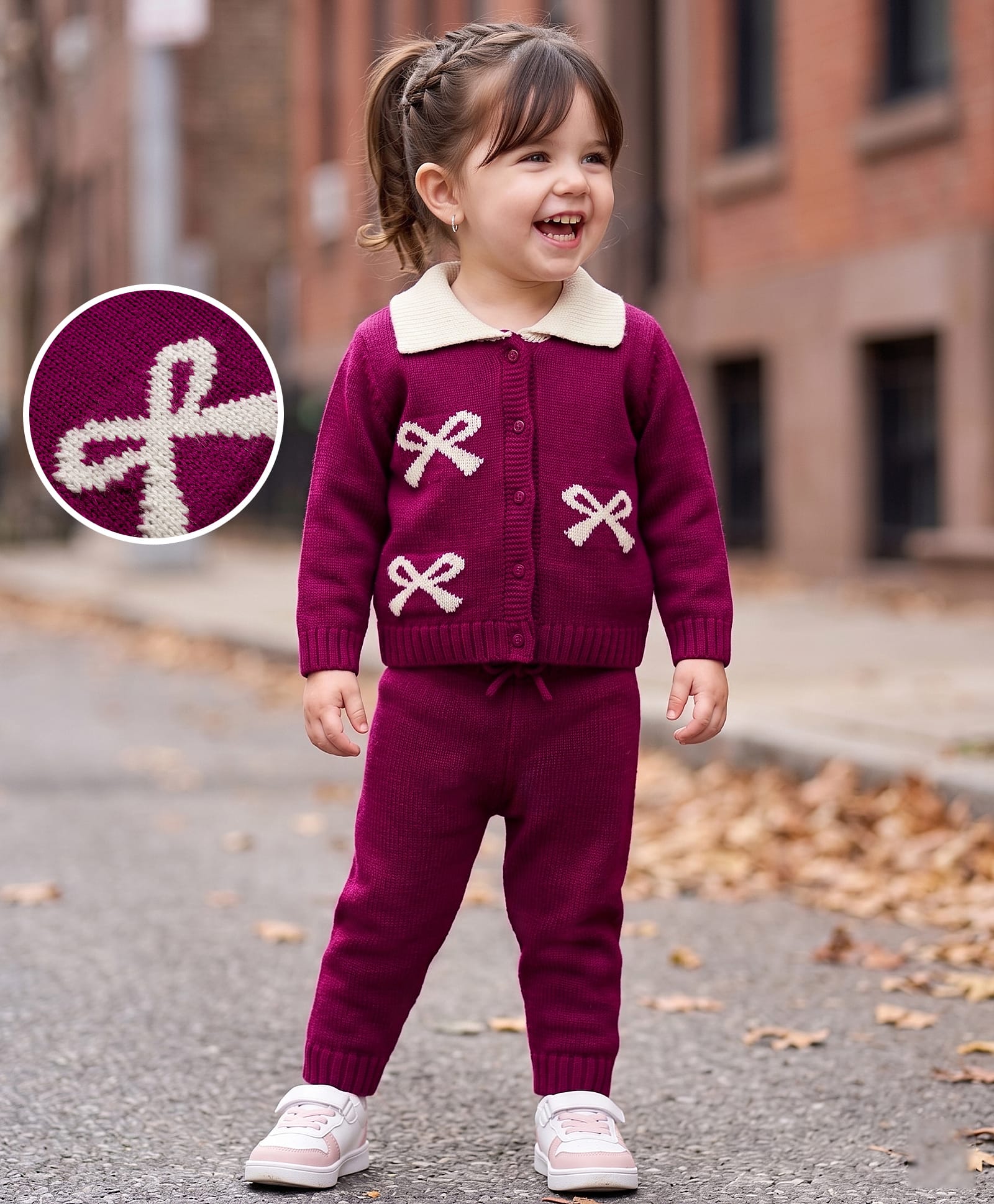 Babyoye Cotton Woven Full Sleeves Sweater Set With Bow Design - Brown-picture-3