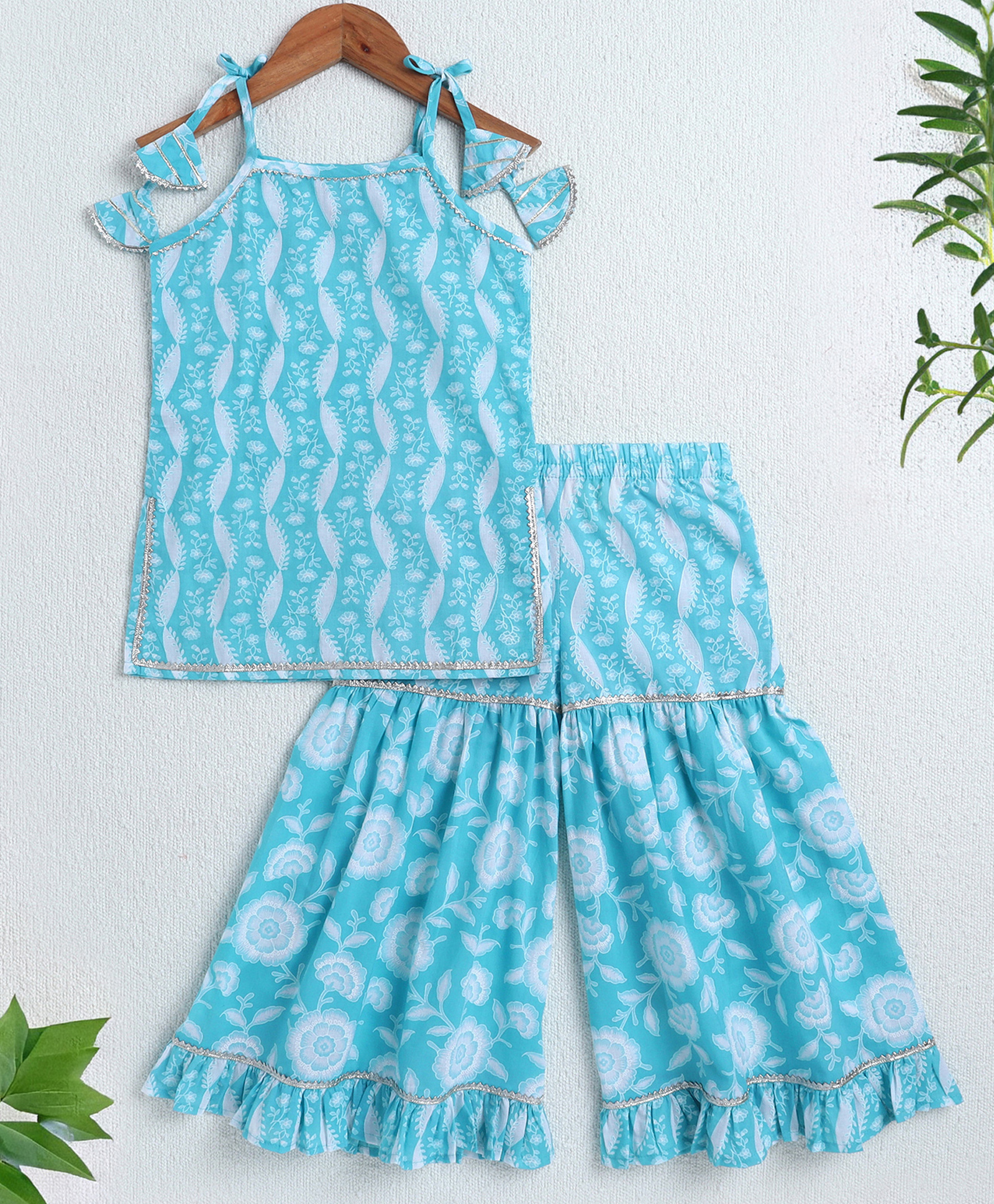 The Magic Wand Cotton Woven Sleeveless Floral Printed Kurti Sharara Set - Blue-image-46