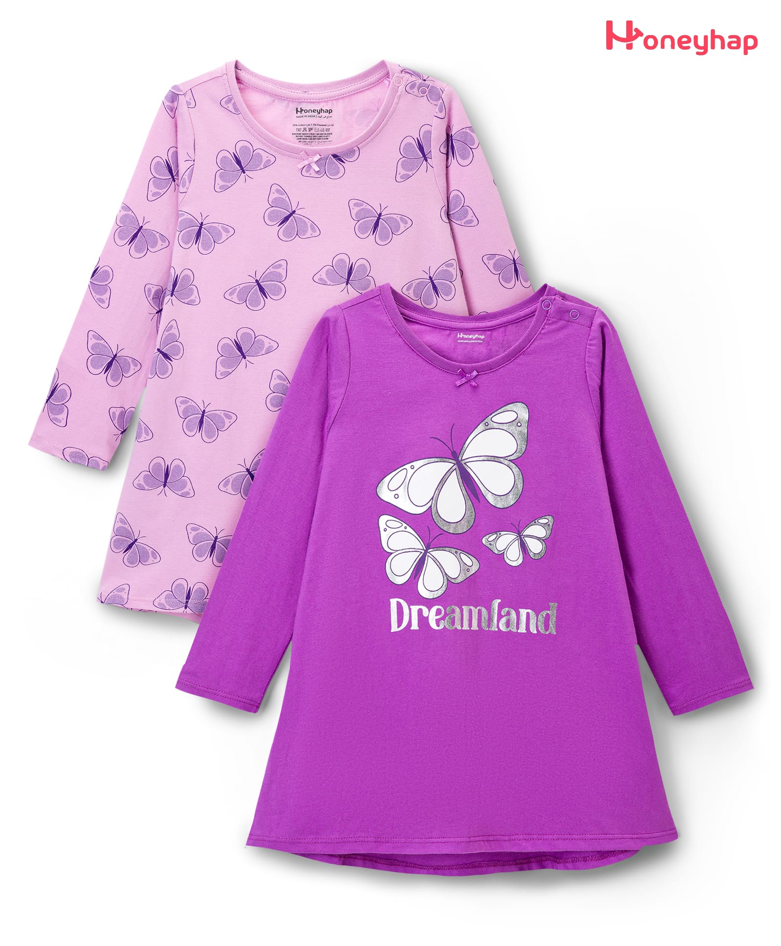 Honeyhap Premium 100% Cotton Knit Full Sleeves Nighty With Bio Finish & Butterfly Print Pack of 2 - Orchid Bouquet & Dewberry-image-16