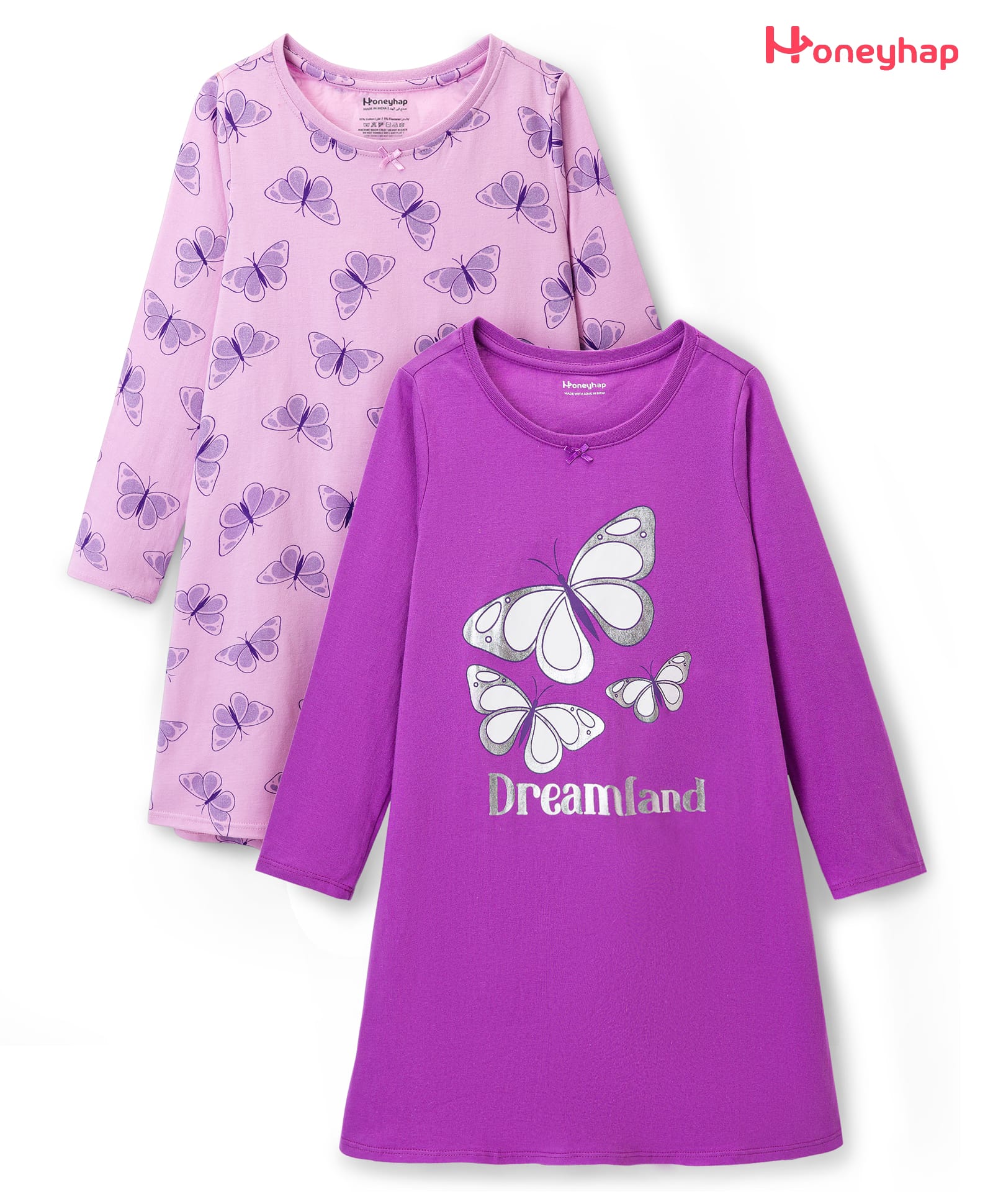 Honeyhap Premium 100% Cotton Knit Full Sleeves Nighty With Bio Finish & Butterfly Print Pack of 2 - Orchid Bouquet & Dewberry-image-21