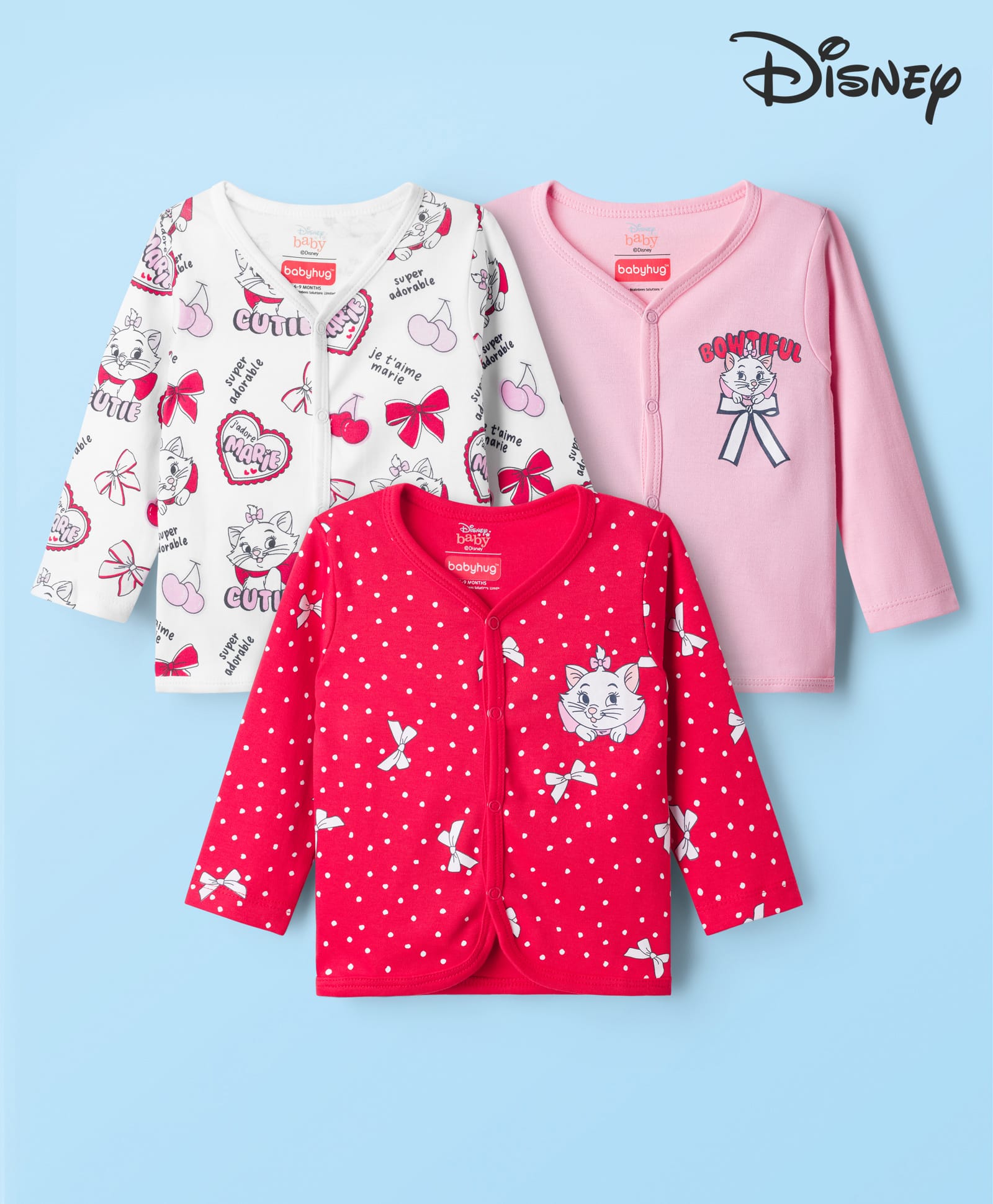 Babyhug Disney Interlock Knit Full Sleeves Front Open Jhabla with Marie Graphic Pack of 3 - Red Pink & White-image-32