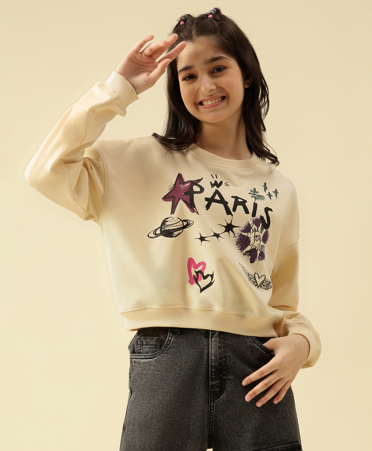 Lil Tomatoes Cotton Looper Knit Full Sleeves Paris Text Printed Light Winter Sweatshirt - Cream-picture-21