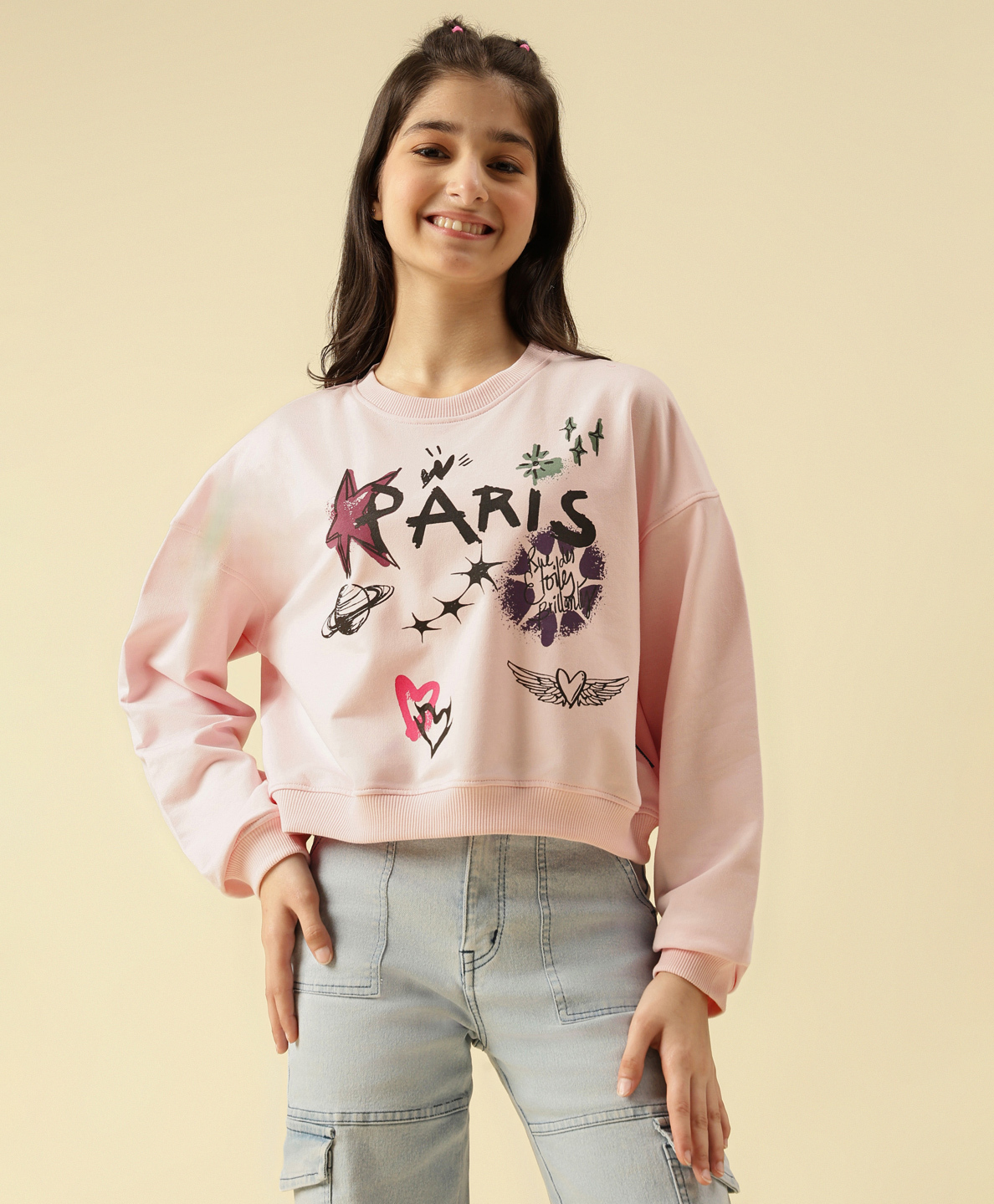 Lil Tomatoes Cotton Looper Knit Full Sleeves Paris Text Printed Light Winter Sweatshirt - Pink-picture-27