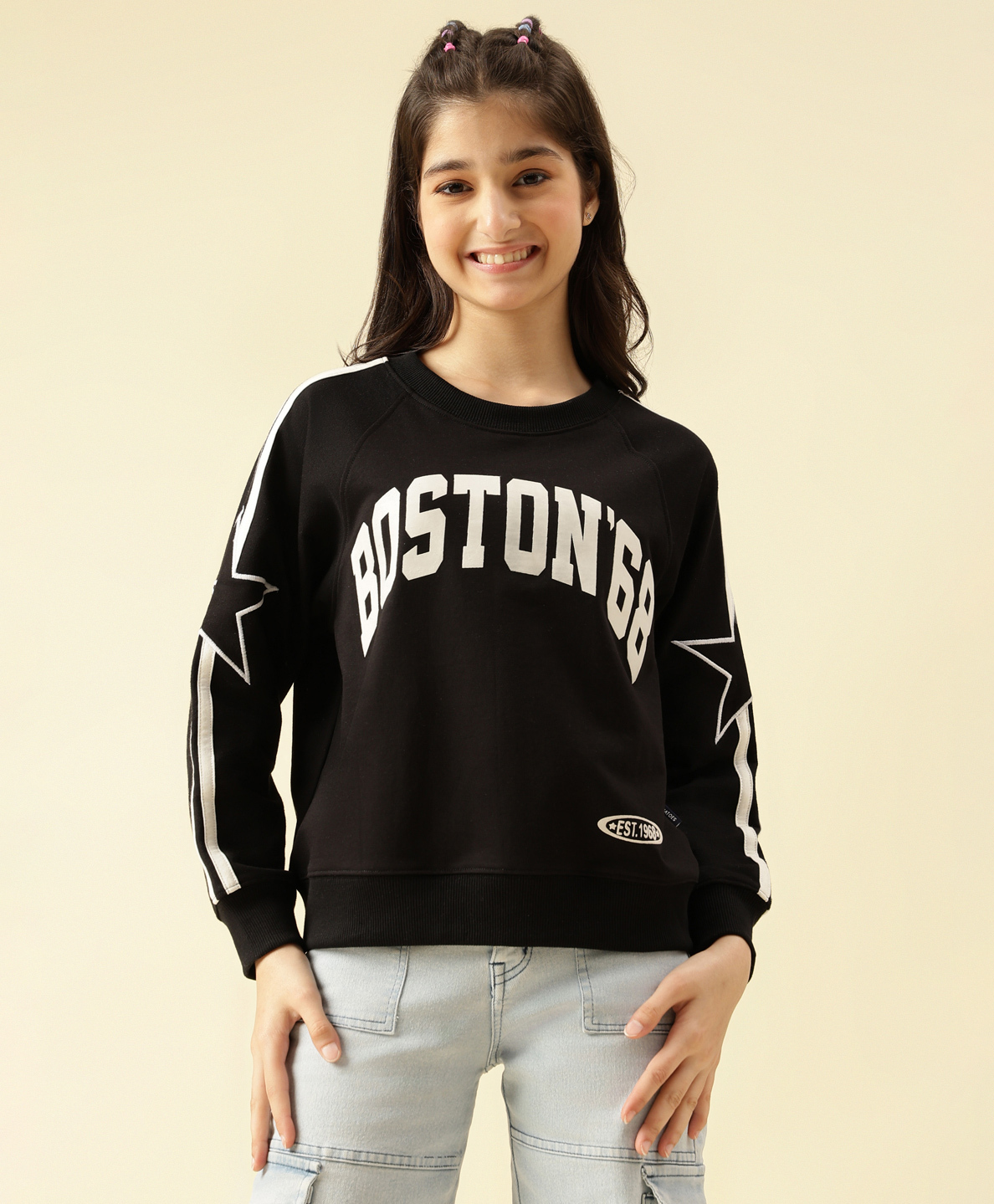 Lil Tomatoes Cotton Looper Knit Full Sleeves Boston Text Printed Side Taped Light Winter Sweatshirt - Black-picture-15
