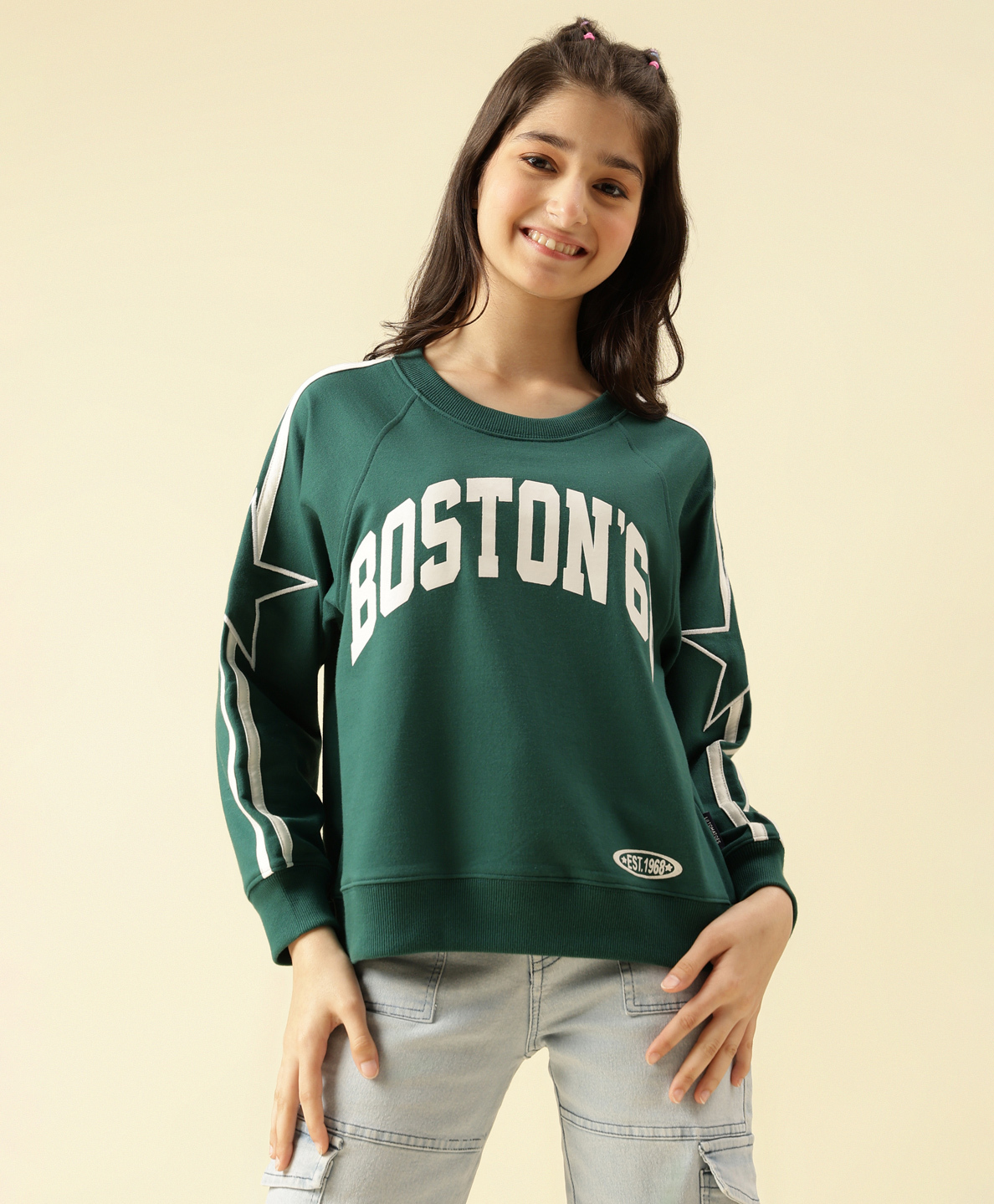 Lil Tomatoes Cotton Looper Knit Full Sleeves Boston Text Printed Side Taped Light Winter Sweatshirt - Bottle Green-picture-28