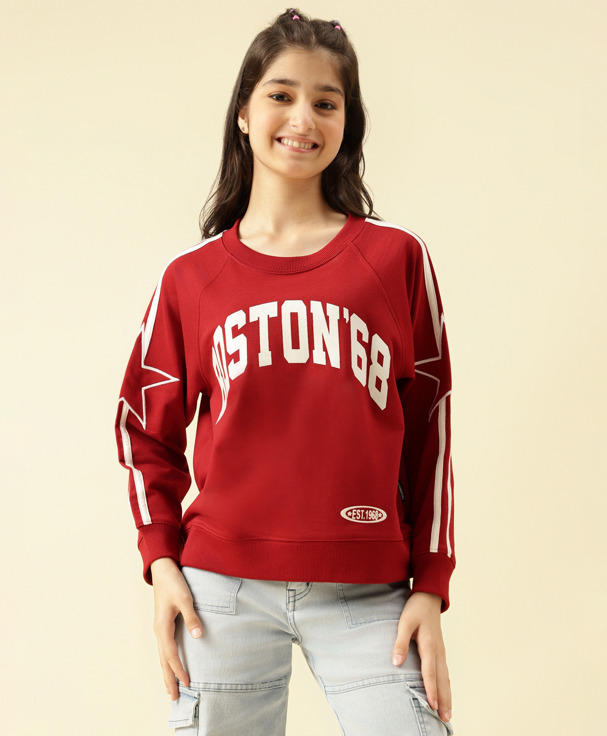 Lil Tomatoes Cotton Looper Knit Full Sleeves Boston Text Printed Side Taped Light Winter Sweatshirt - Cranberry-picture-25