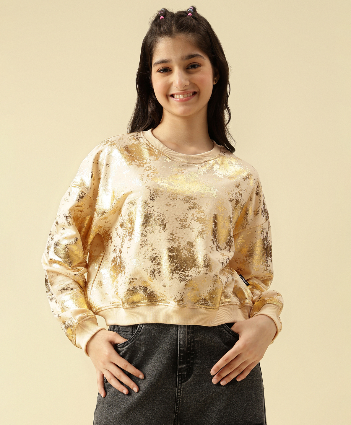 Lil Tomatoes Cotton Looper Knit Full Sleeves Abstract Foil Printed Light Winter Sweatshirt - Cream-picture-37