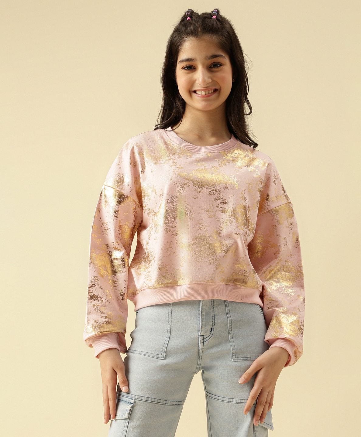 Lil Tomatoes Cotton Looper Knit Full Sleeves Abstract Foil Printed Light Winter Sweatshirt - Pink-picture-31