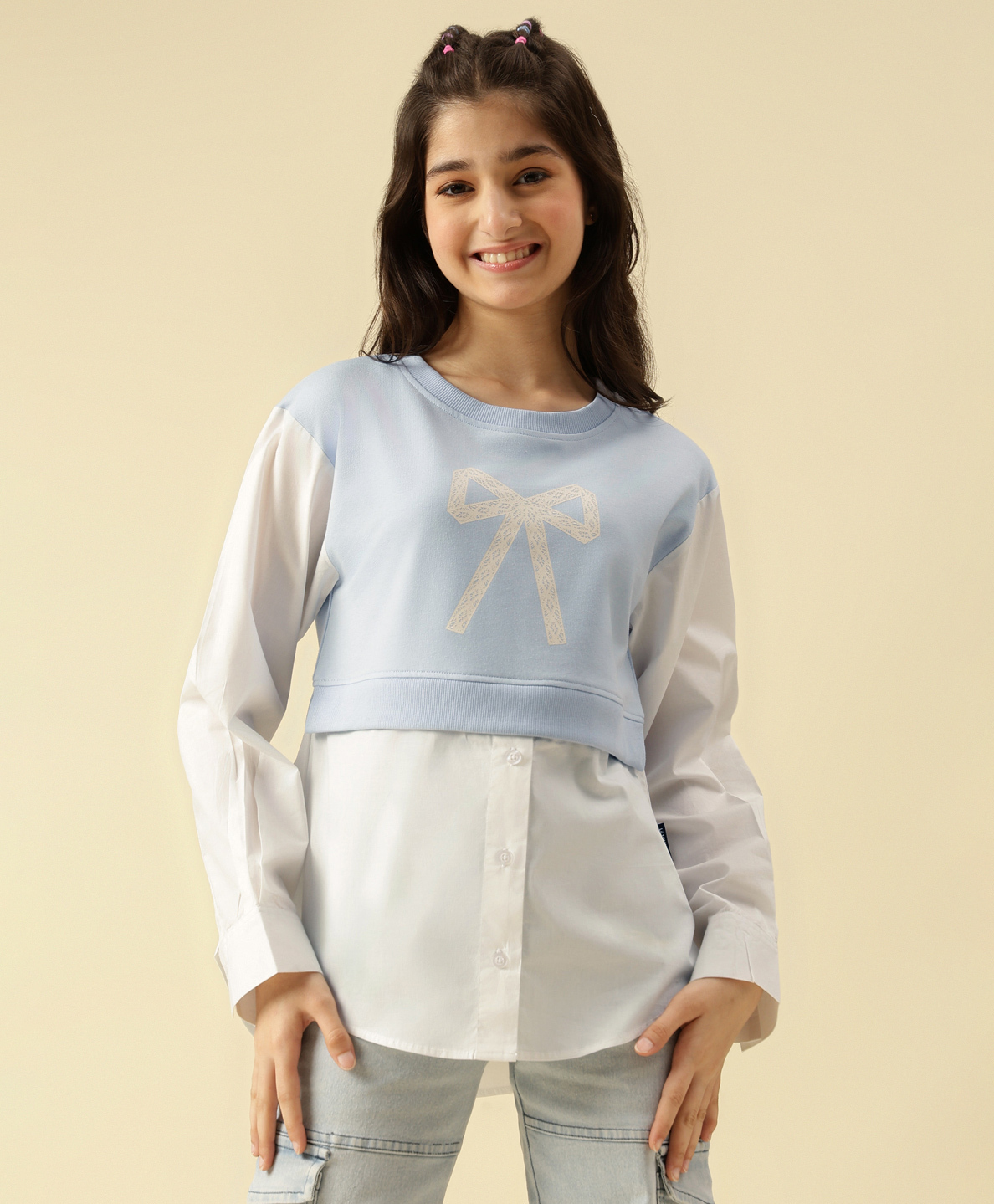 Lil Tomatoes Cotton Looper Knit Full Sleeves Bow Printed Light Winter Top - Blue-picture-41
