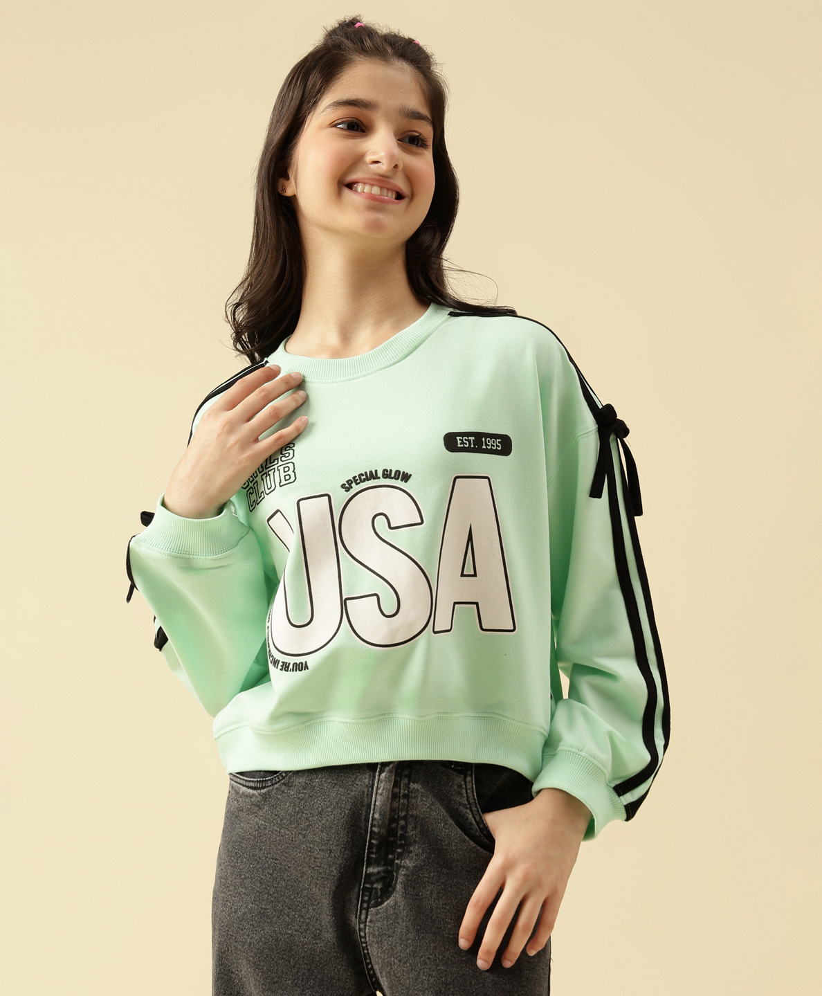 Lil Tomatoes Cotton Looper Knit Full Sleeves Typography Printed Light Winter Sweatshirt - Light Green-picture-29