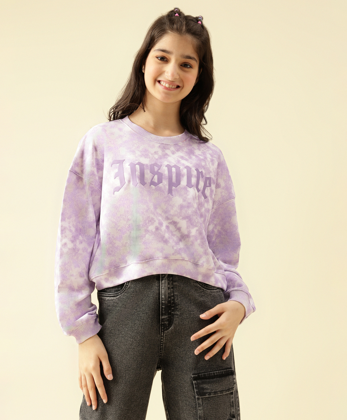 Lil Tomatoes Cotton Looper Knit Full Sleeves Inspire Text Printed Light Winter Tie Dye Sweatshirt - Lilac-picture-11