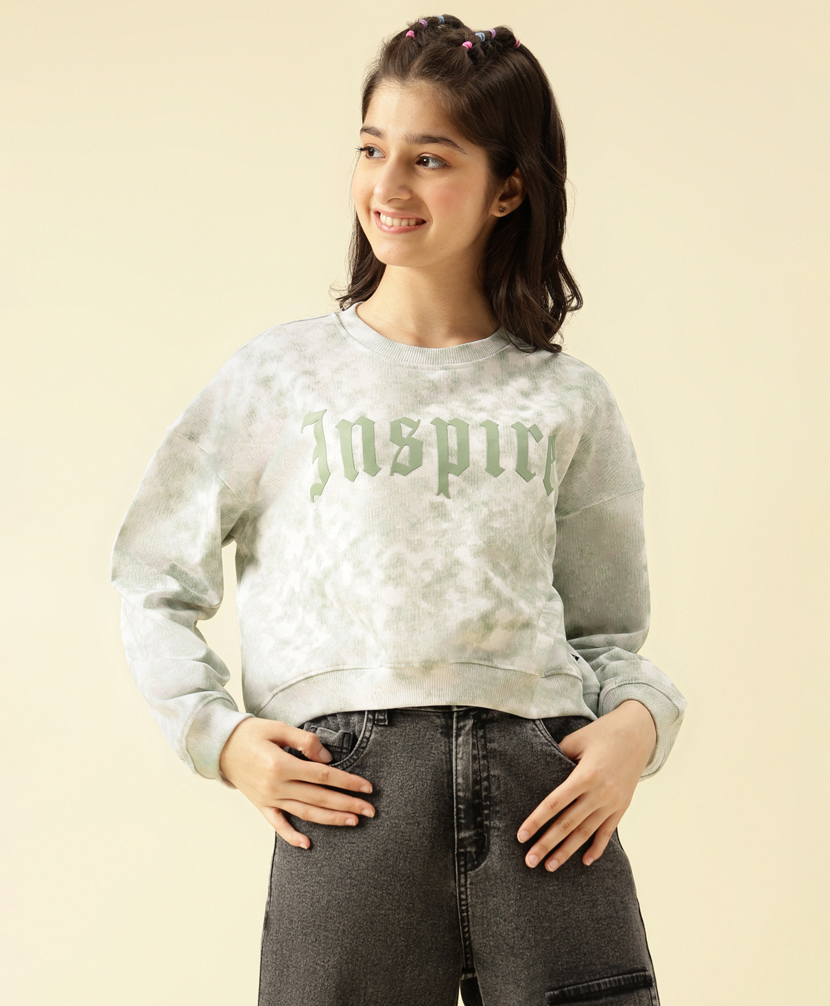 Lil Tomatoes Cotton Looper Knit Full Sleeves Inspire Text Printed Light Winter Tie Dye Sweatshirt - Oil Green-picture-35