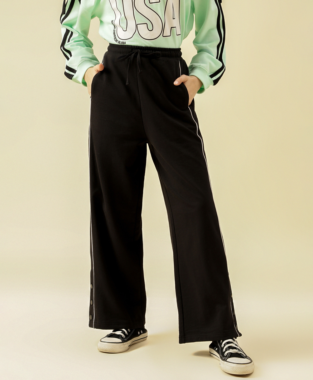 Lil Tomatoes Cotton Looper Knit Side Taped Flared Light Winter Track Pants - Black-image-38