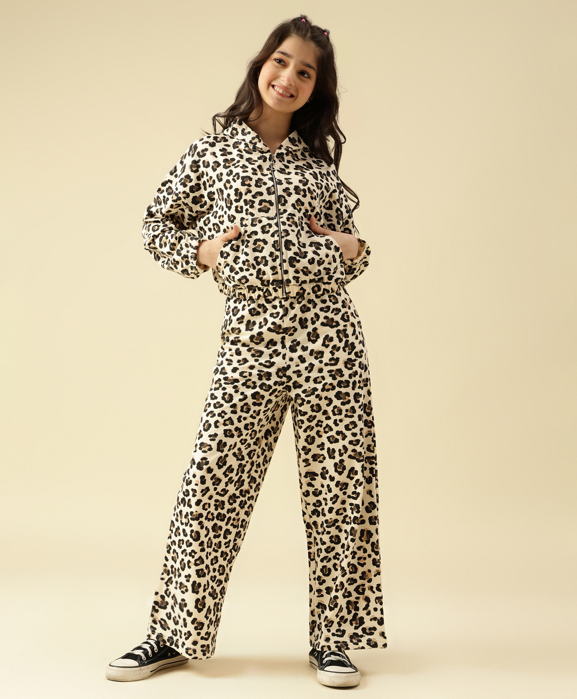 Lil Tomatoes Cotton Looper Knit Full Sleeves Leopard Printed Light Winter Hooded Sweatshirt With Coordinating Track Pants Set - Cream-picture-33