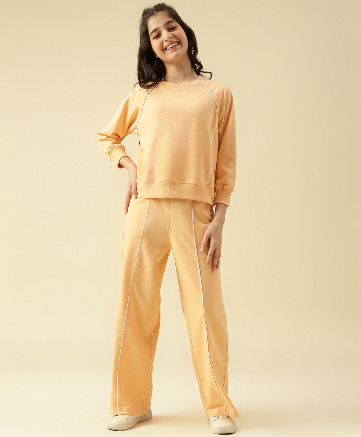 Lil Tomatoes Cotton Looper Knit Full Raglan Sleeves Solid Light Winter Sweatshirt & Track Pants Set - Peach-picture-43