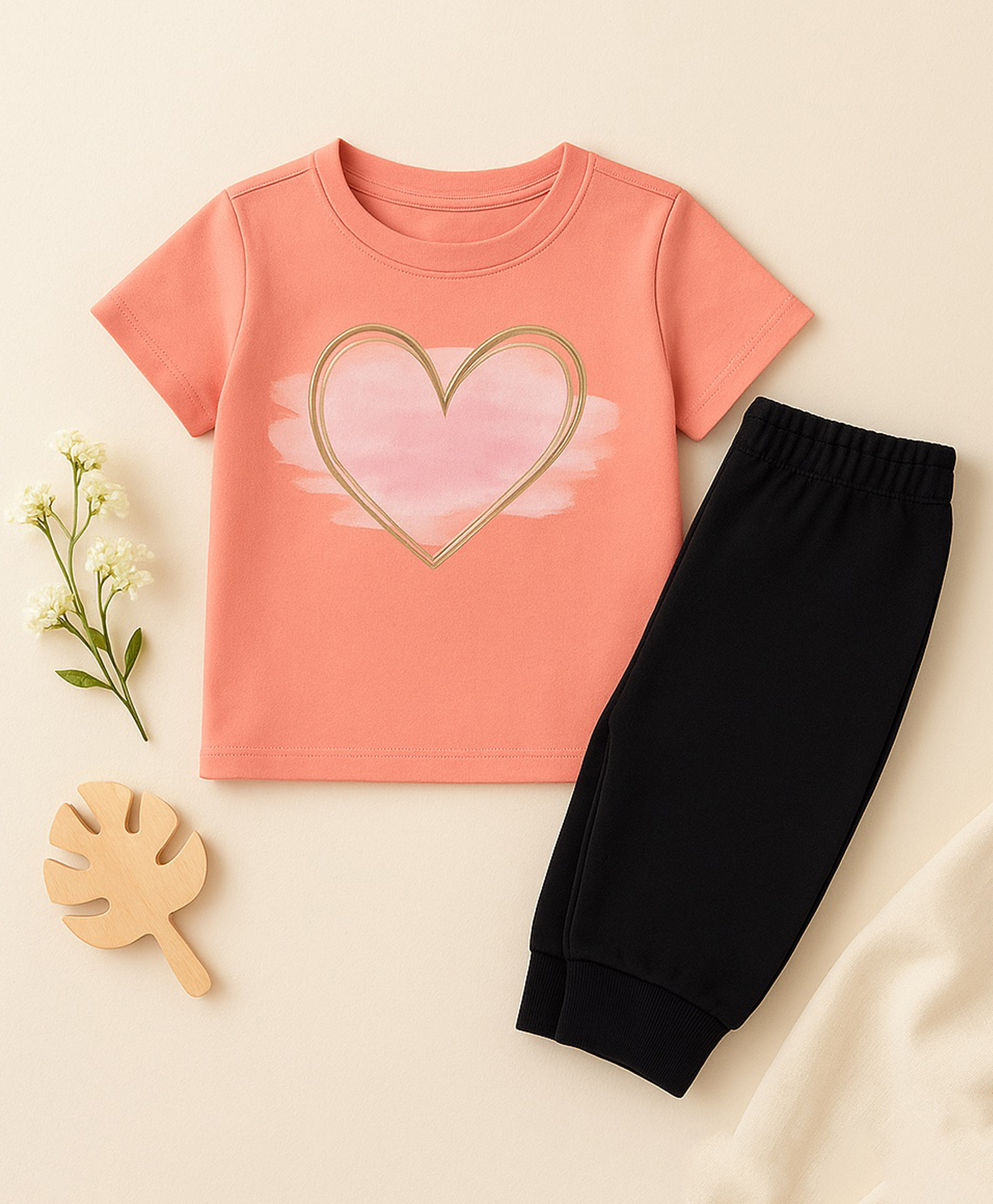Luke and Lilly Cotton Knit Half Sleeves Heart Foil Printed Tee & Joggers Set - Pink & Black