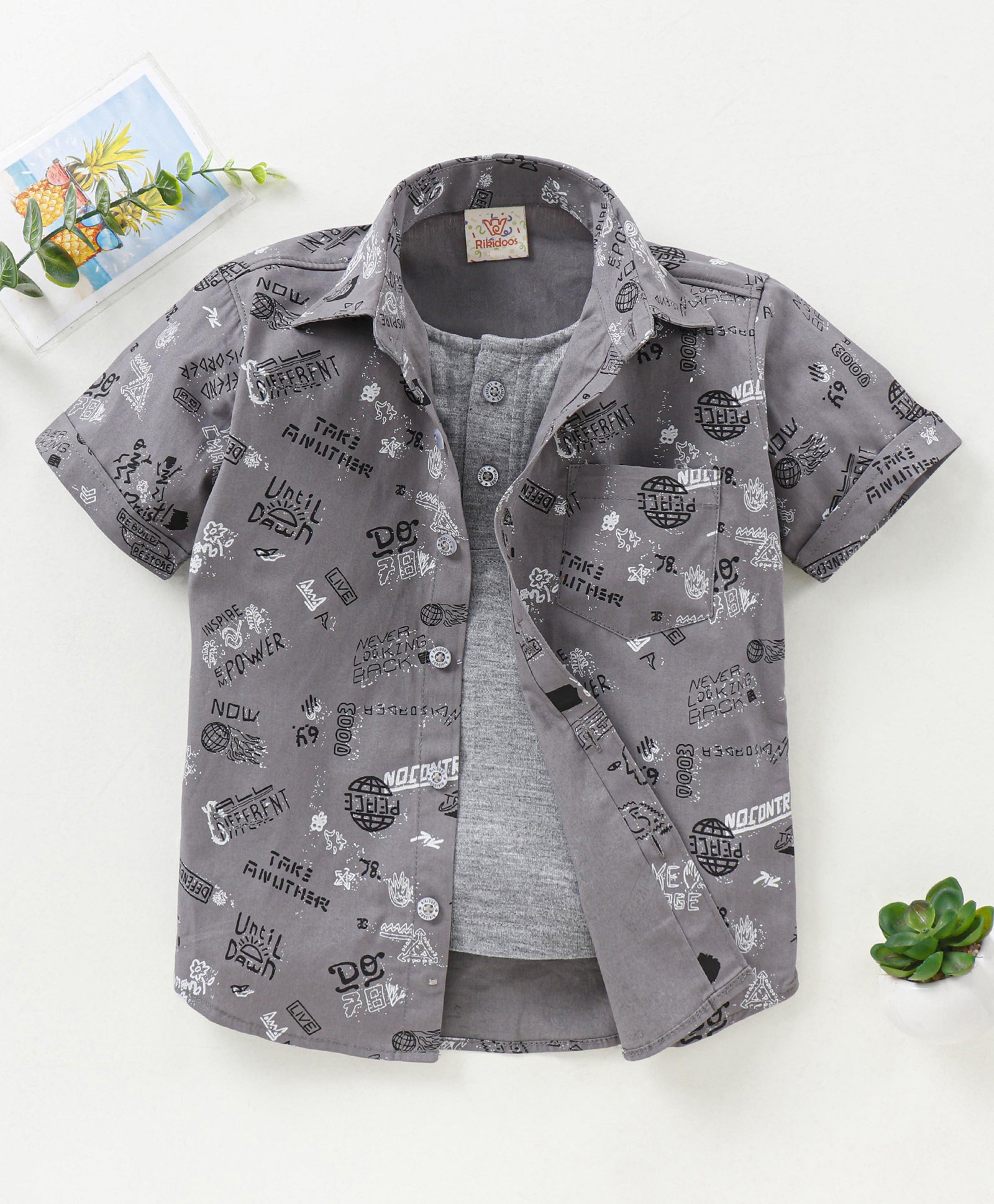 Rikidoos Half Sleeves Typography Printed Shirt With Attached Tee - Grey-picture-19