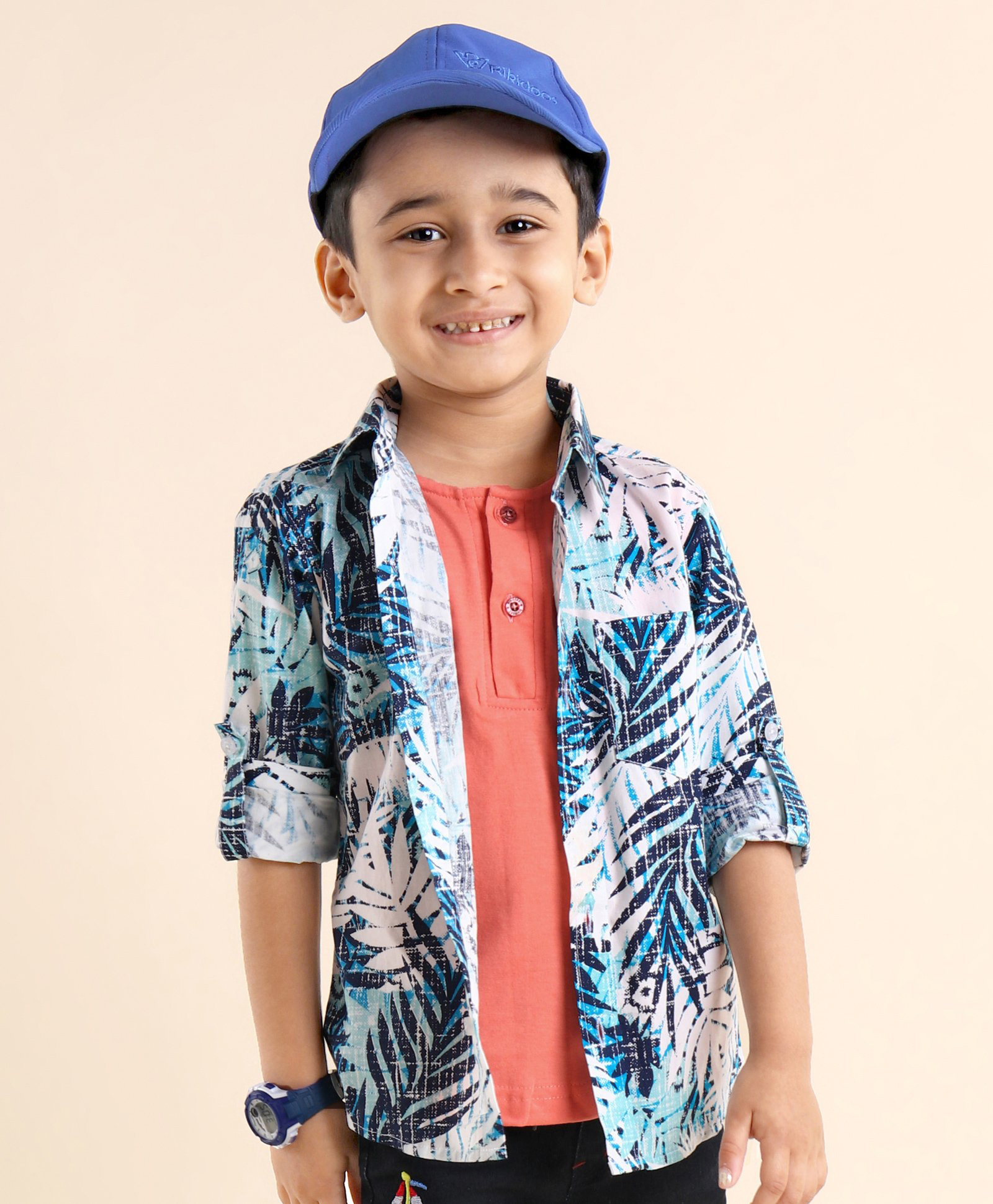 Rikidoos Full Sleeves Leaves Printed Shirt With Attached Tee With Cap - White & Blue-picture-21
