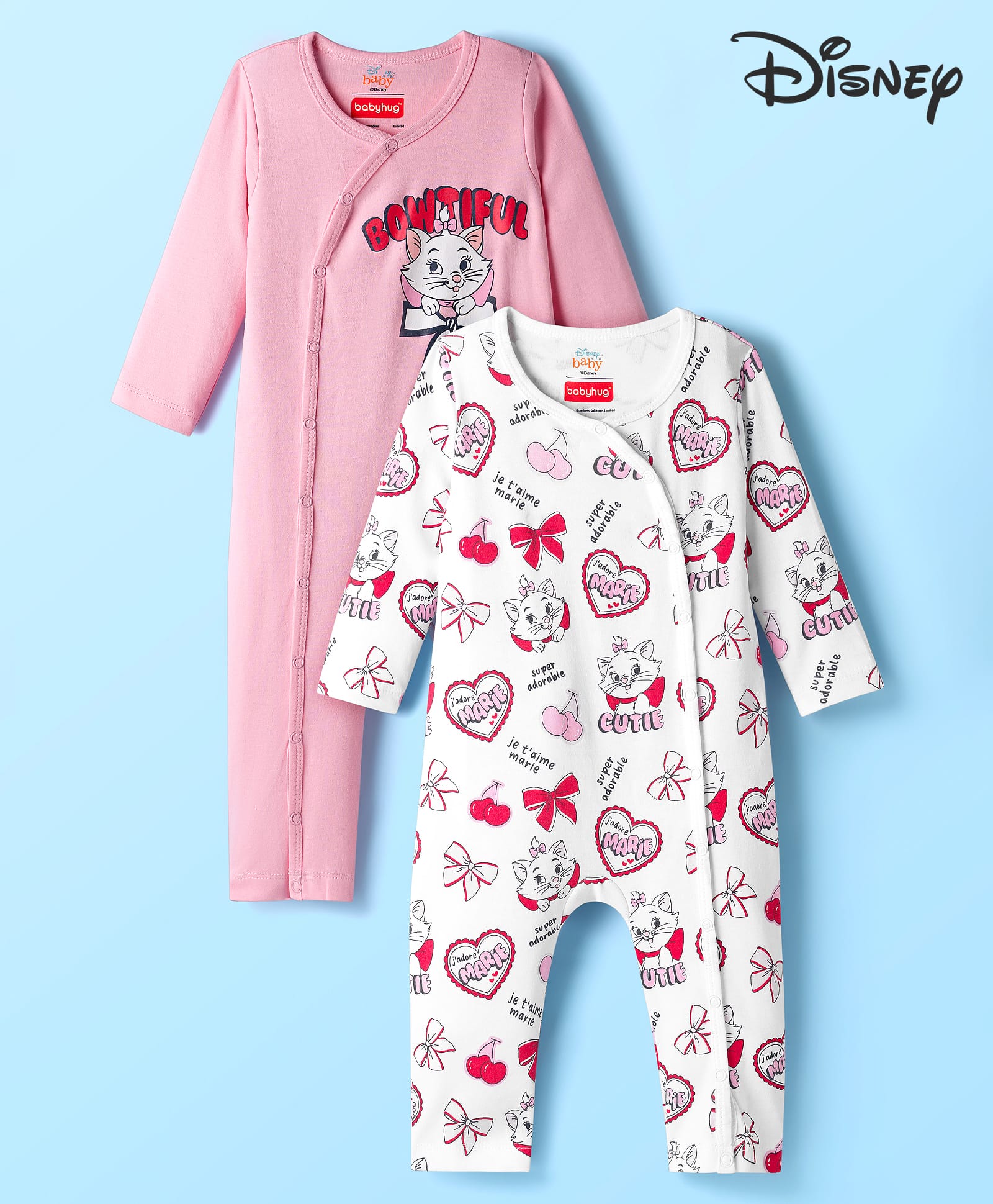Babyhug Disney Interlock Knit Full Sleeves Front Open Romper with Marie Graphic Pack of 2 - Pink & White-image-41