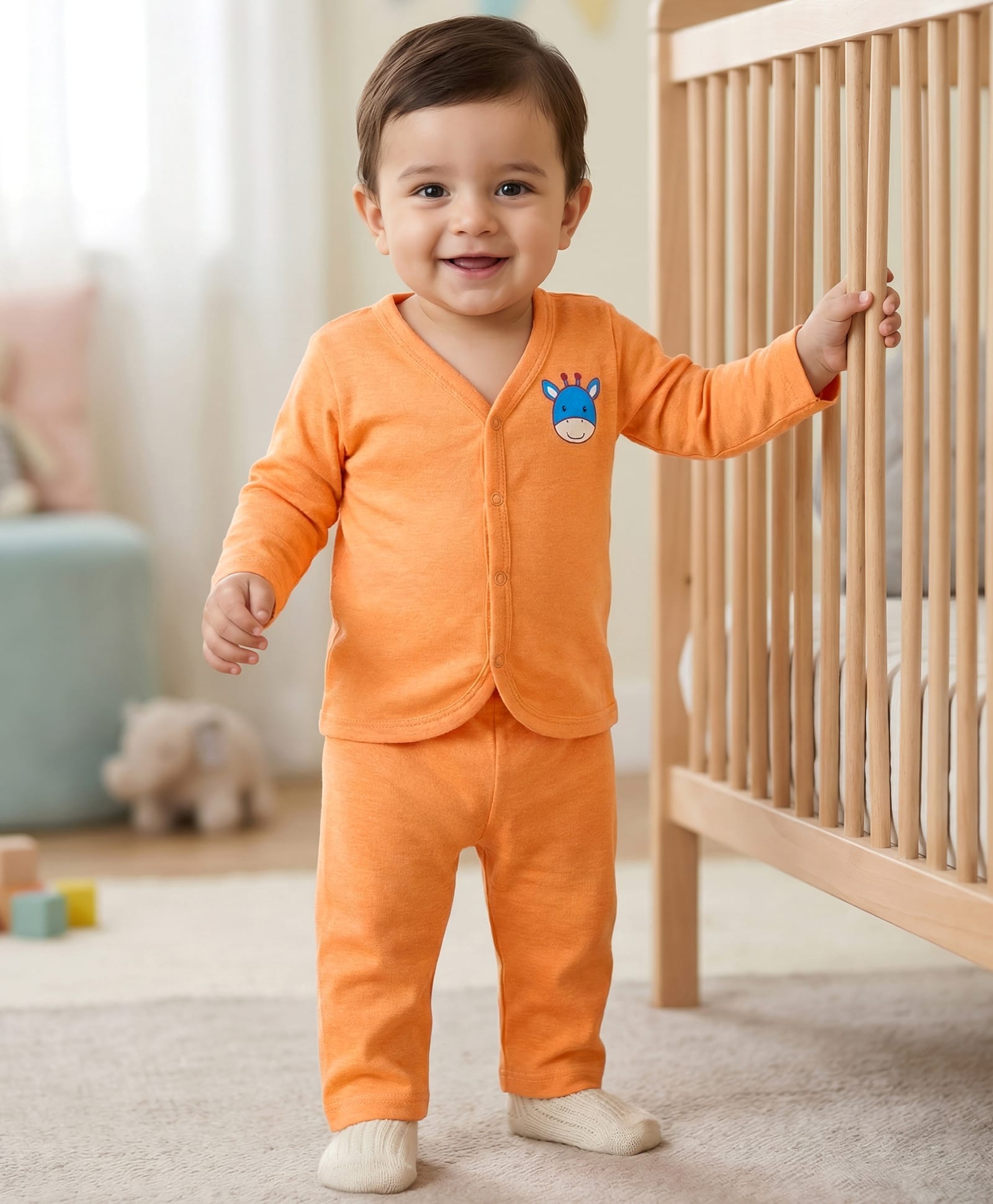 Babyhug Single Jersey Knit Full Sleeves T-Shirt & Lounge Pant Set with Giraffe Print - Orange-picture-13