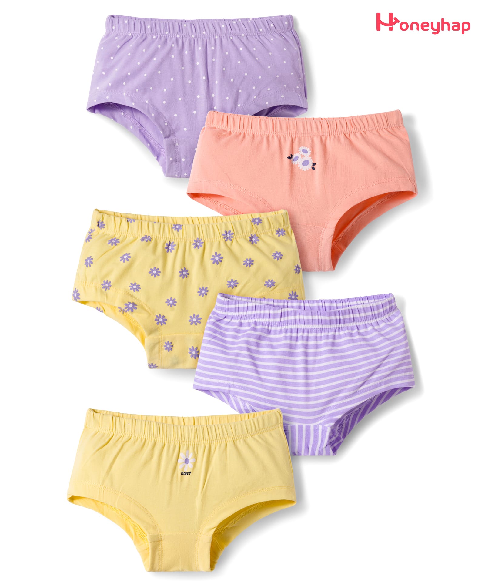 Honeyhap Premium Cotton Elastane Knit Floral Printed Panties With Bio Finish Pack of 5 - Lilac & Yellow-image-35