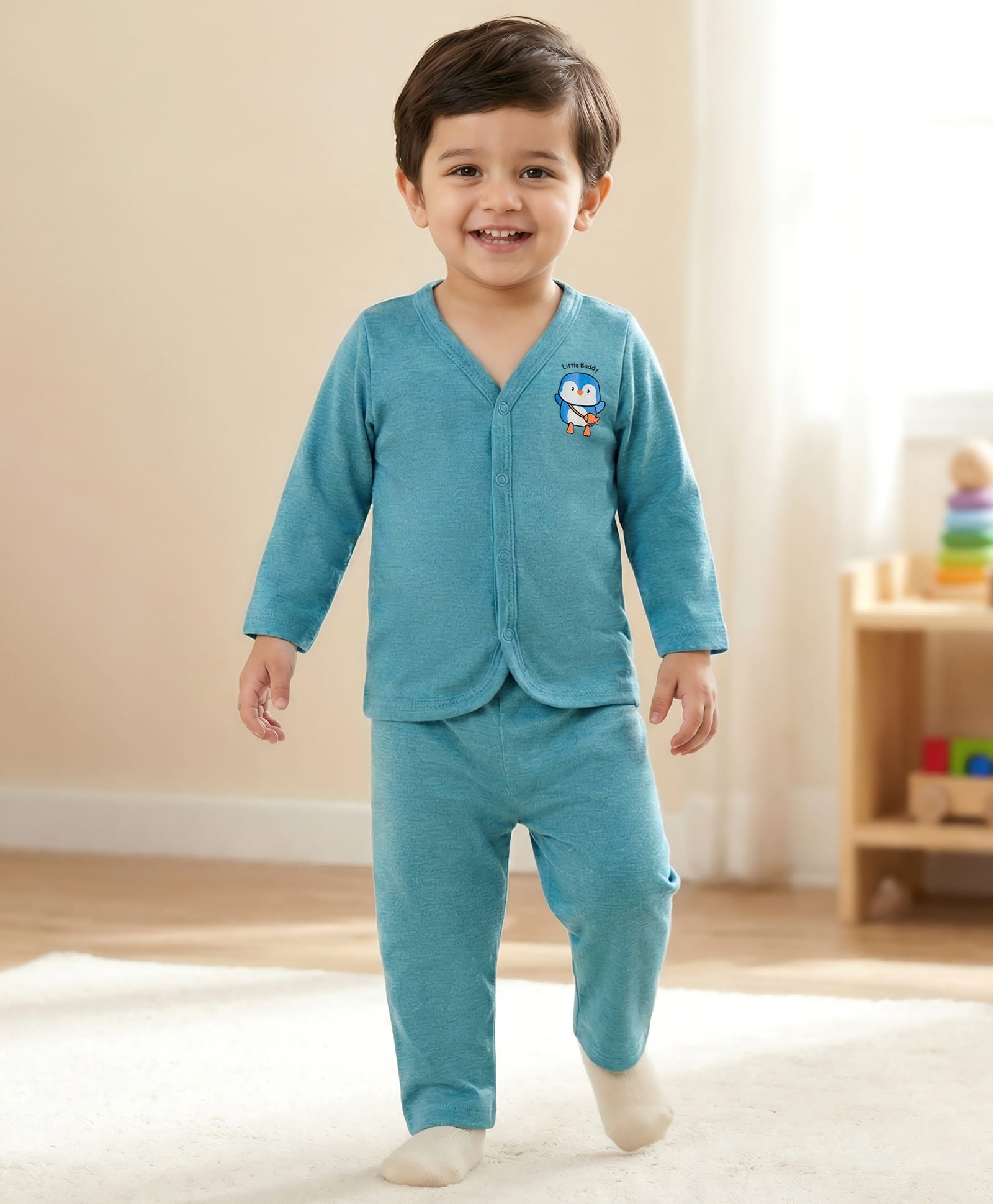 Babyhug Single Jersey Knit Full Sleeves T-Shirt & Pant Set With Bird Print - Teal Blue-picture-20