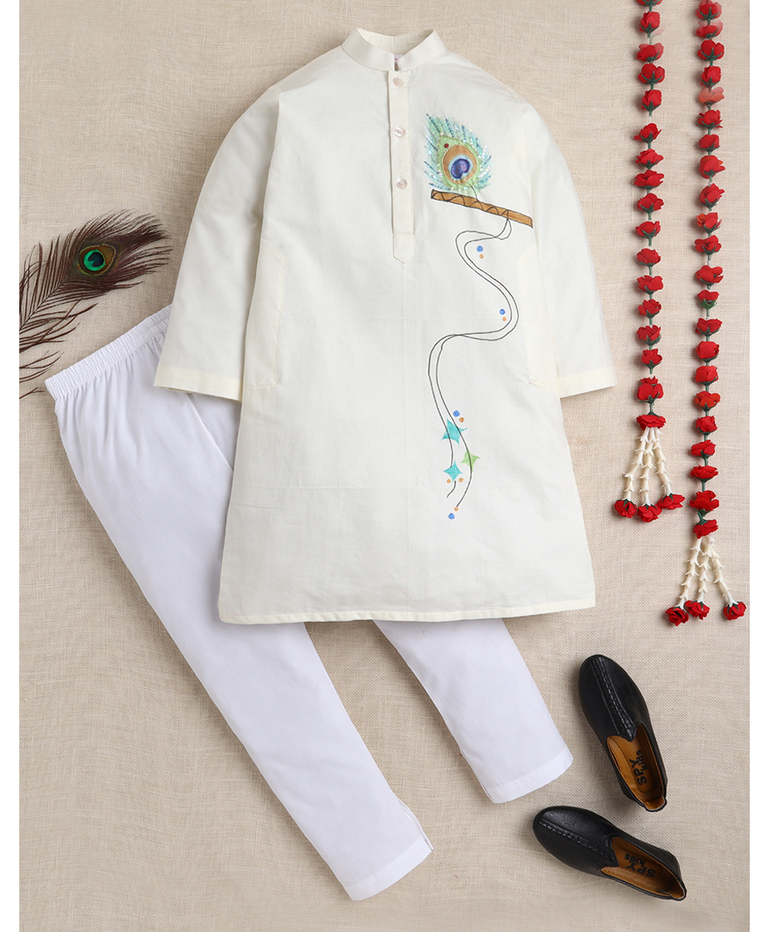 Little Clothing Cotton Silk Woven Full Sleeves Sequins Embellished Flute Hand Painted Kurta Pyjama Set - Off White-image-26
