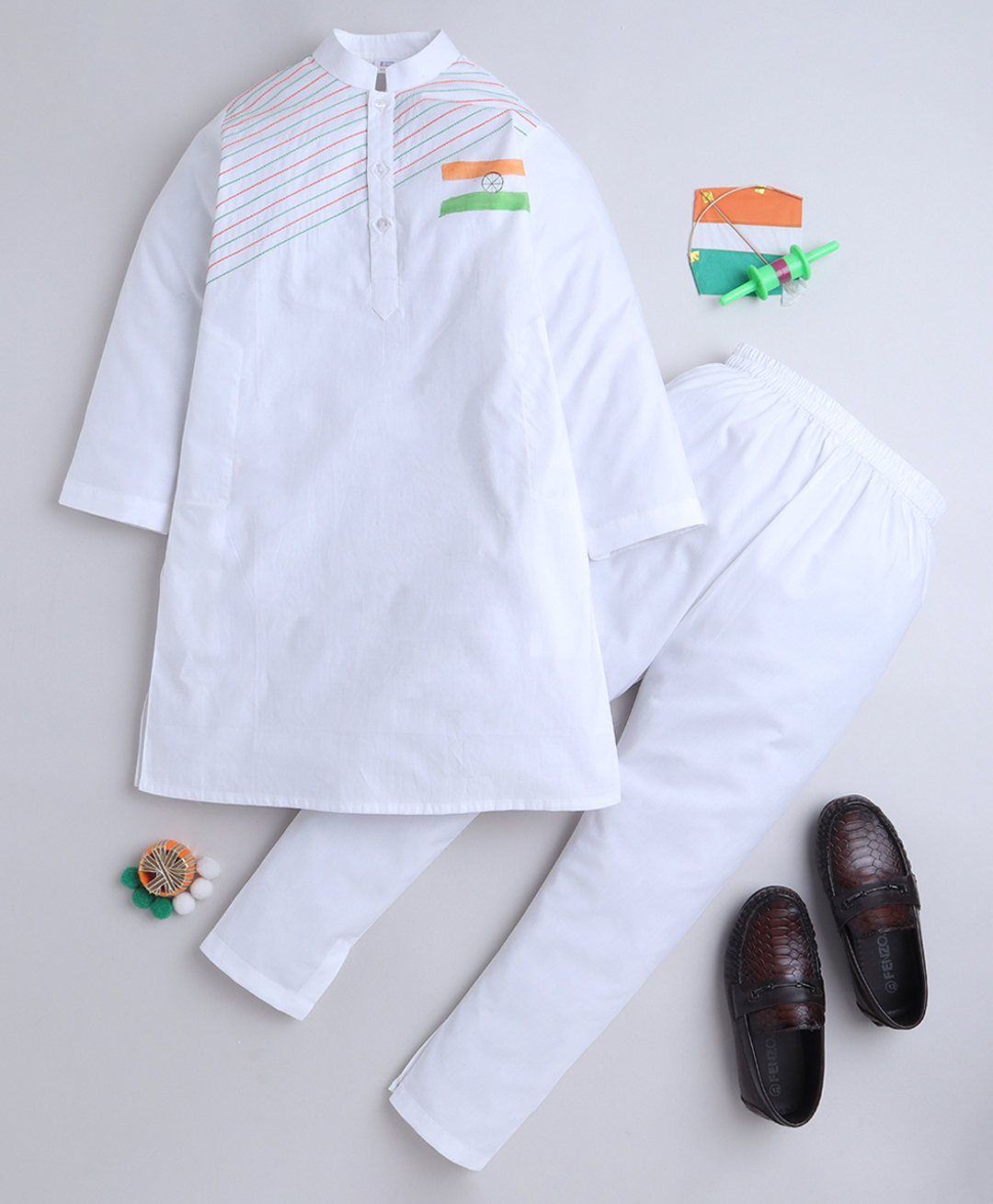 Little Clothing Cotton Silk Woven Republic Day Theme Full Sleeves Indian Flag Hand Painted Kurta Pyjama Set - White-picture-26