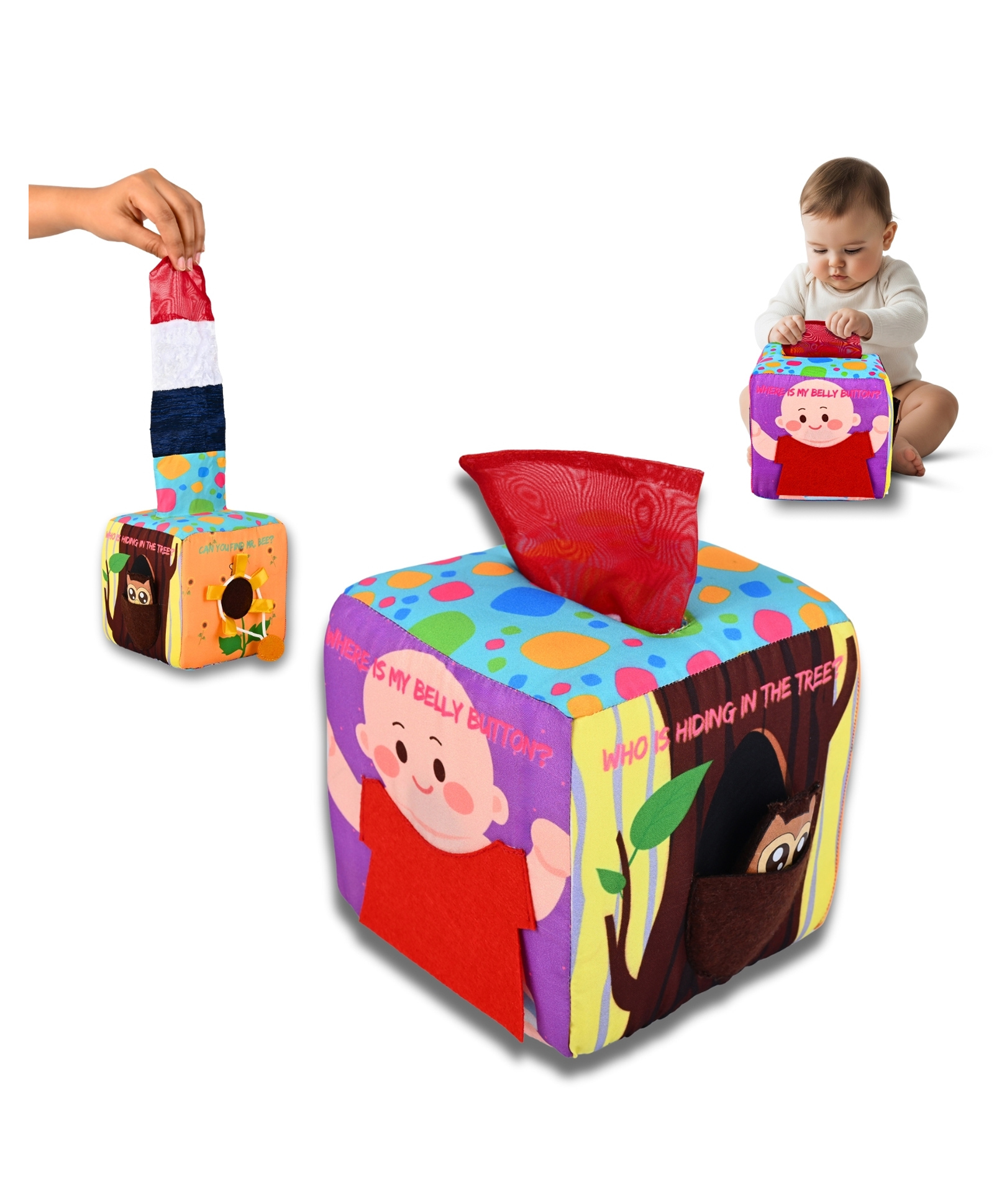 Seraphina Montessori 7 in 1 Activity Cube for Babies | Sensory Toy for Kids Educational, Learning, Interactive Fine Motor Skill Development | Fabric Cube with Mirror, Rattle, Squeaker & Textures-picture-22
