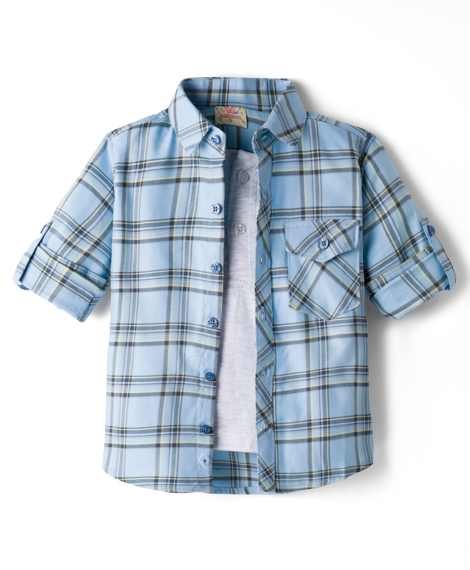 Rikidoos Full Sleeves Checked Shirt With Attached Tee - Sky Blue & Melange-picture-37