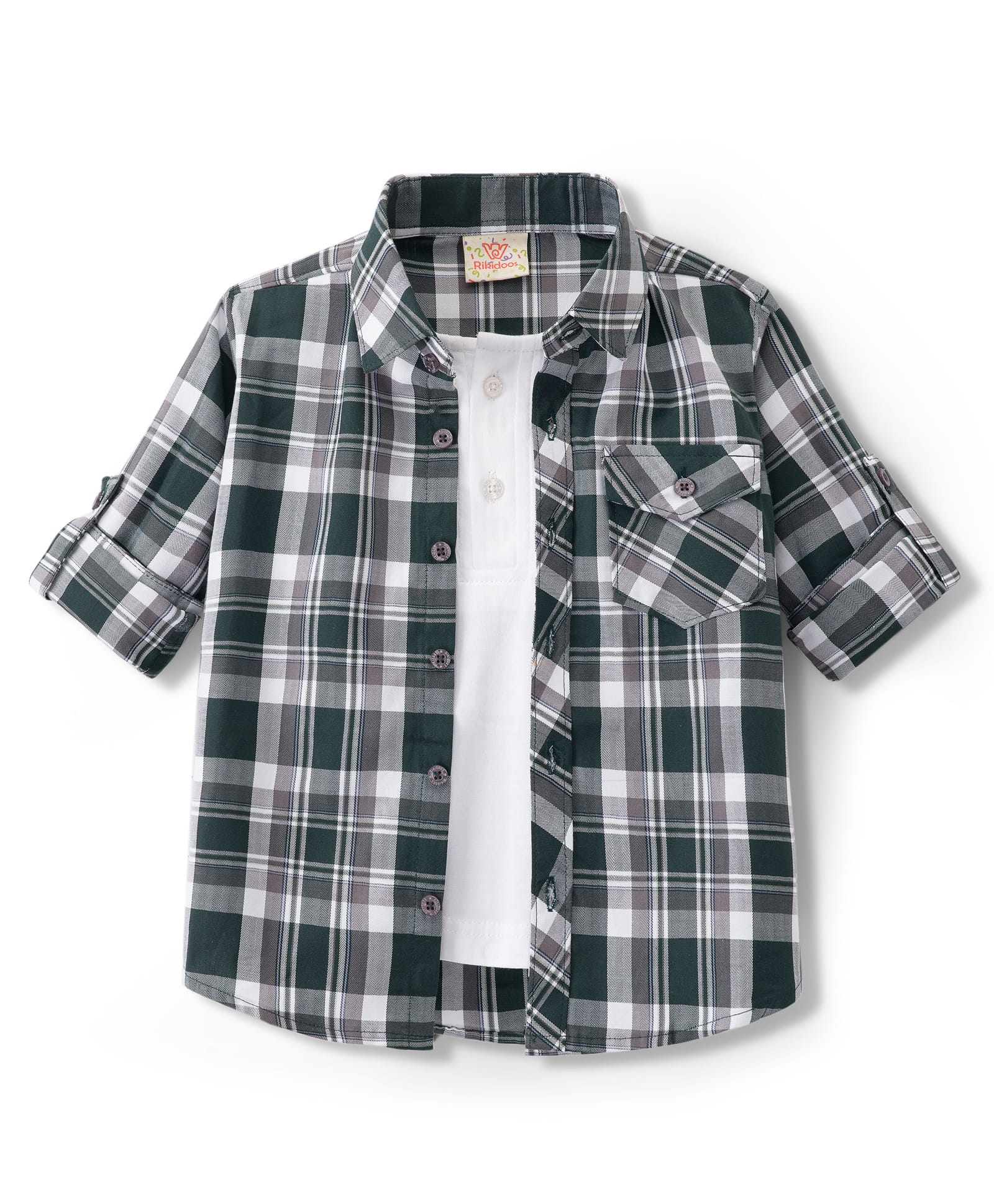 Rikidoos Full Sleeves Checked Shirt With Attached Tee - Green & White-picture-34
