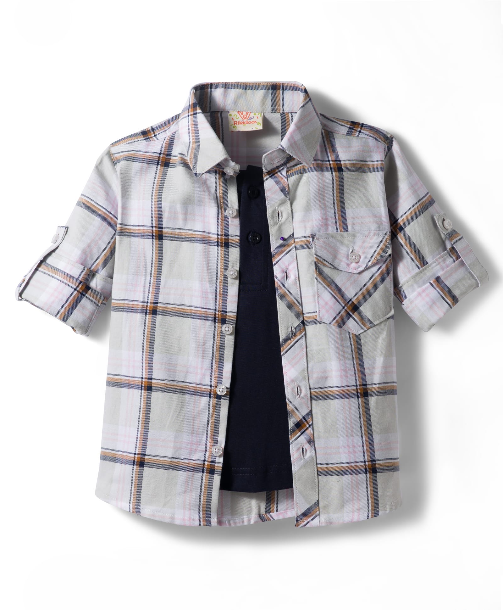 Rikidoos Full Sleeves Checked Shirt With Attached Tee - Light Grey & Navy Blue-picture-16