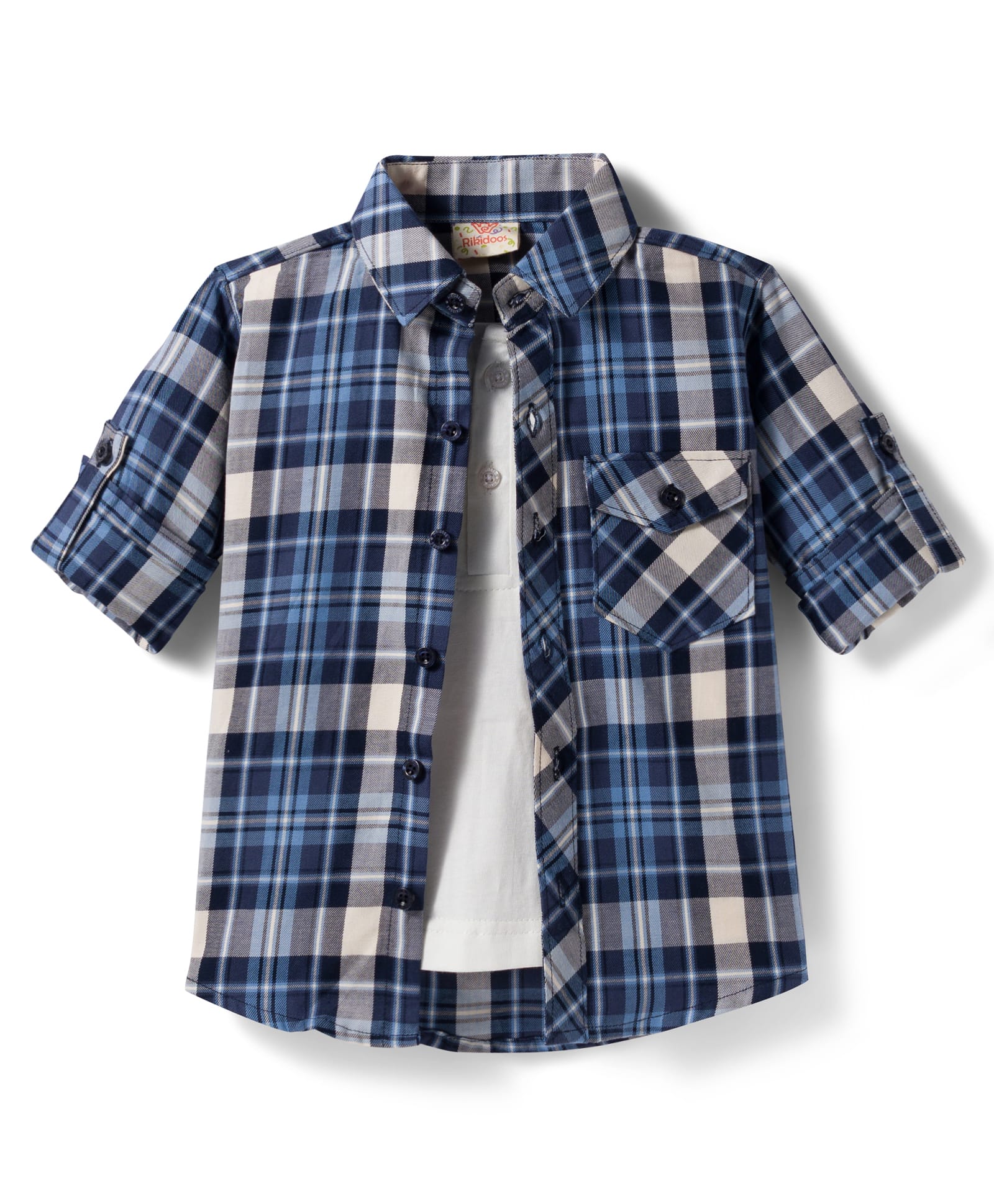Rikidoos Full Sleeves Checked Shirt With Attached Tee - Blue & White-picture-35