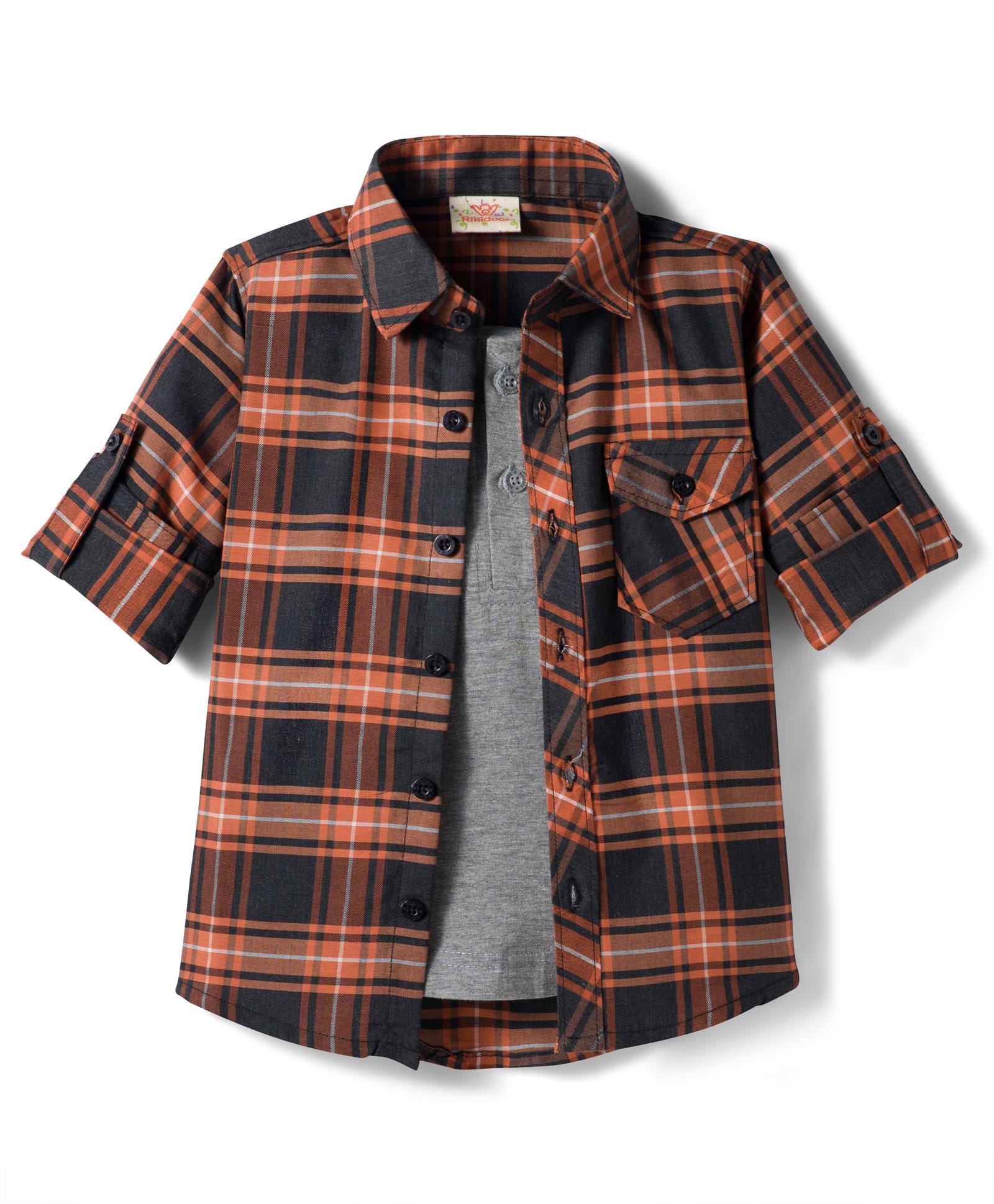 Rikidoos Full Sleeves Checked Shirt With Attached Tee - Rust & Grey-picture-38
