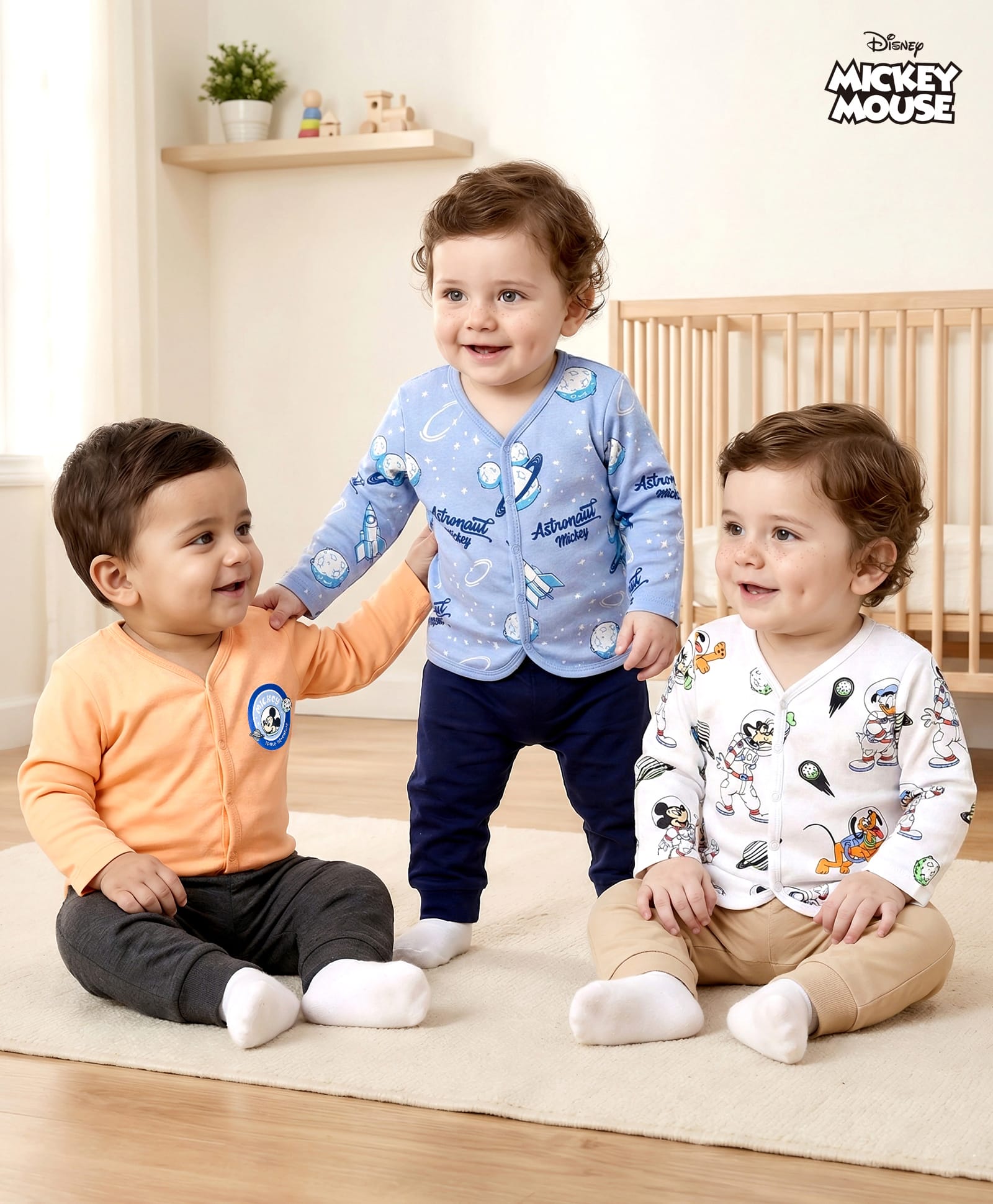 Babyhug Disney Interlock Knit Full Sleeves Jhablas with Mickey Mouse Graphics Pack of 3 - White Orange & Blue-image-49